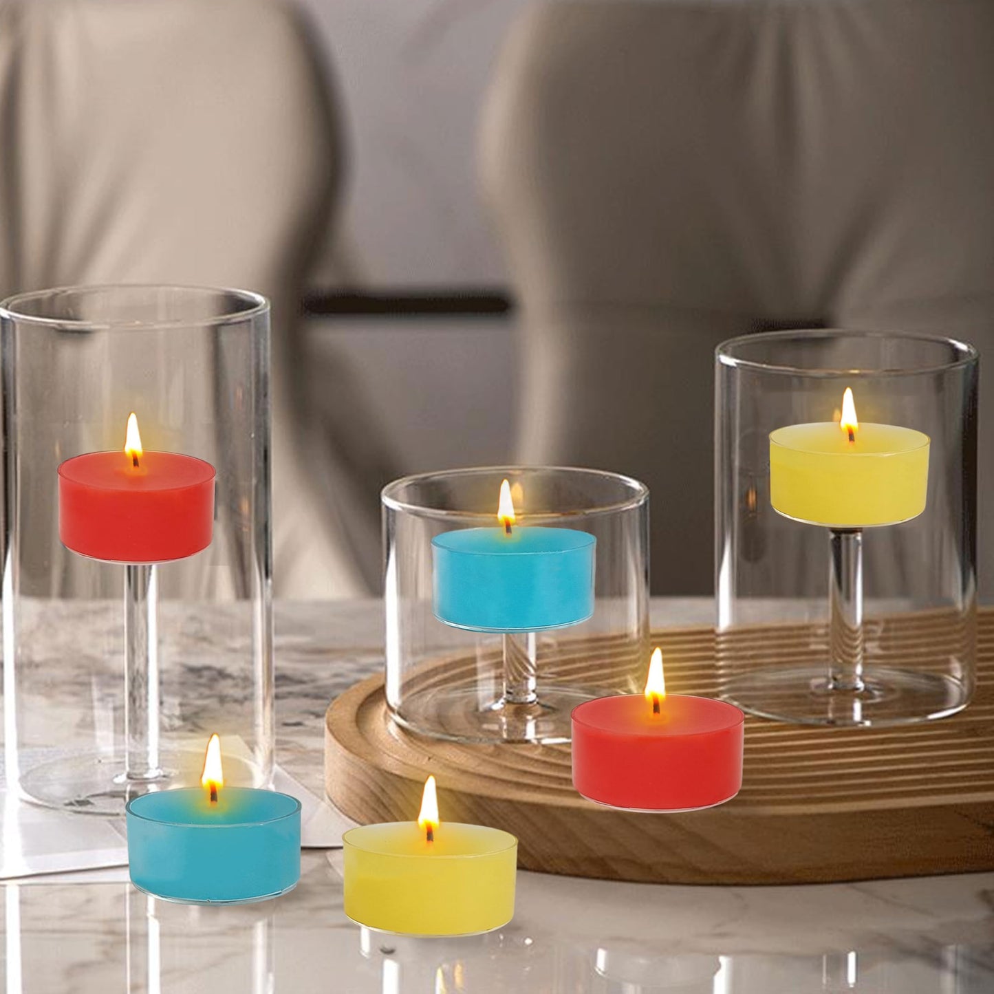 Scented Tea Light Candles 12 Pack Hand Poured 3 Color Smokeless 4 Hours Clean Burning Small Round Clear Cups Tealight Candles for Romantic Dinners Wedding Centerpieces Cozy Evenings