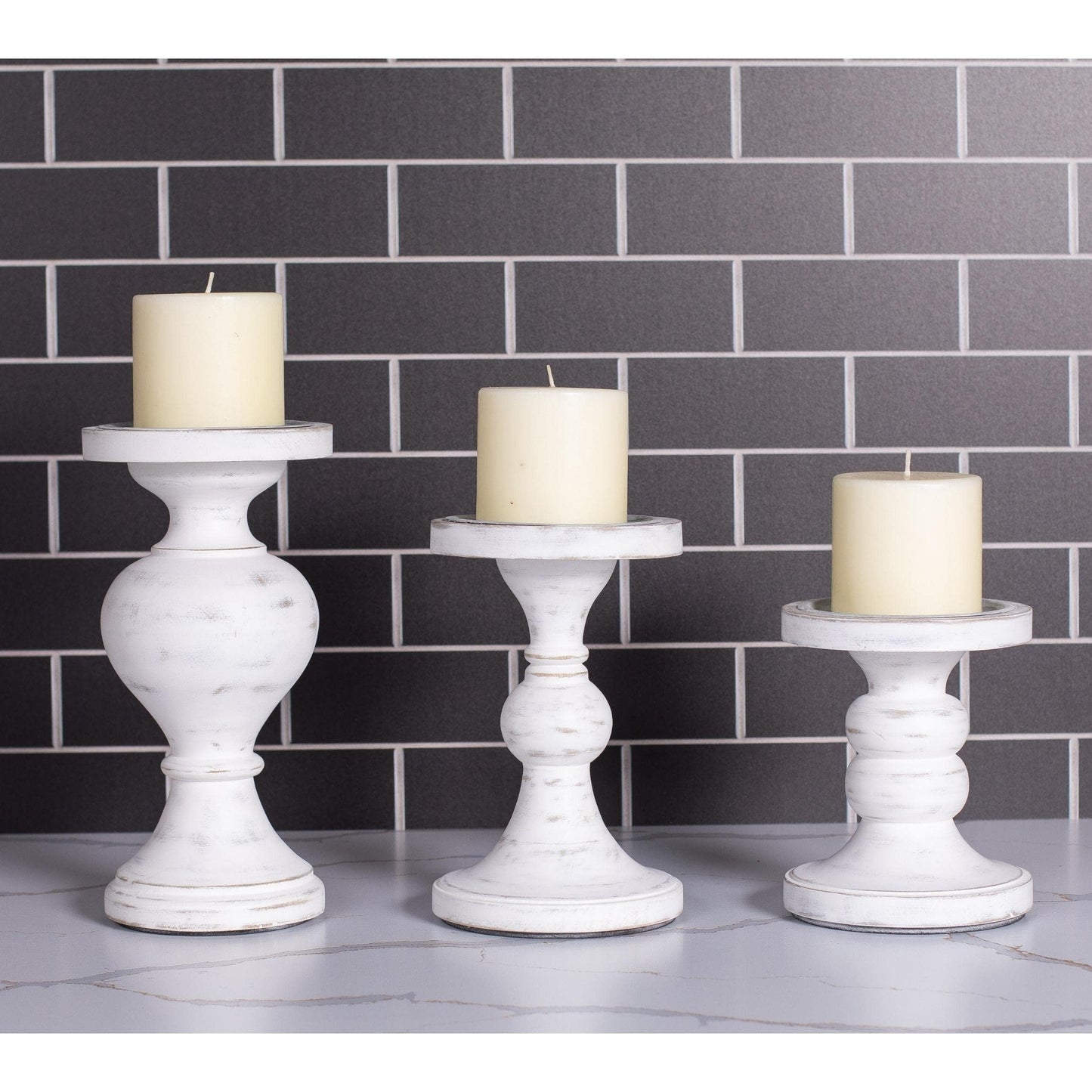 BIRDROCK HOME 3pc Pillar Candleholders - Whitewash - Farmhouse Decor - Wooden Candle Holders - Table Centerpiece - Stand