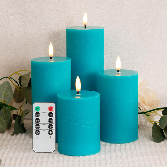 AFINETH Teal Flameless Pillar Candles, Battery Operated Candles with Remote, Real Wax Flickering LED Candles for Home Party Wedding Holiday Decor, Set of 4, Φ 3" H 4" 5" 6" 8"