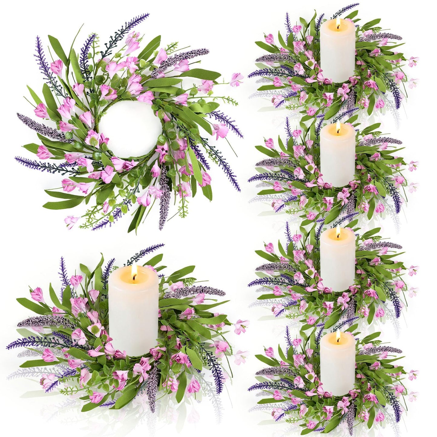 6 PCS Spring Summer Artificial Flowered Wreath Candle Rings Forsythia Lavender Candle Rings Pillar Holder Wreath Mini Floral Candle Rings Wreaths Kitchen Cabinet Swags for Wedding Home Tabletop Decor