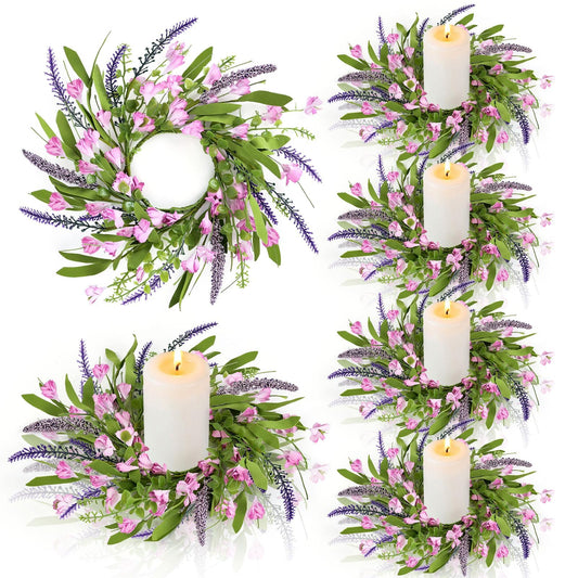 6 PCS Spring Summer Artificial Flowered Wreath Candle Rings Forsythia Lavender Candle Rings Pillar Holder Wreath Mini Floral Candle Rings Wreaths Kitchen Cabinet Swags for Wedding Home Tabletop Decor