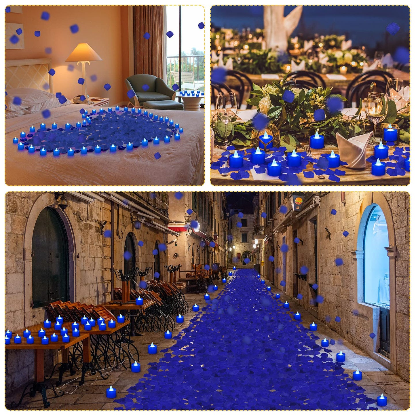 Coume 6000 Pcs Artificial Rose Petals with 72 Pcs Flameless LED Candles Romantic Decorations Fake Candles Anniversary Decorations for Valentine's Day Wedding Night(Blue)