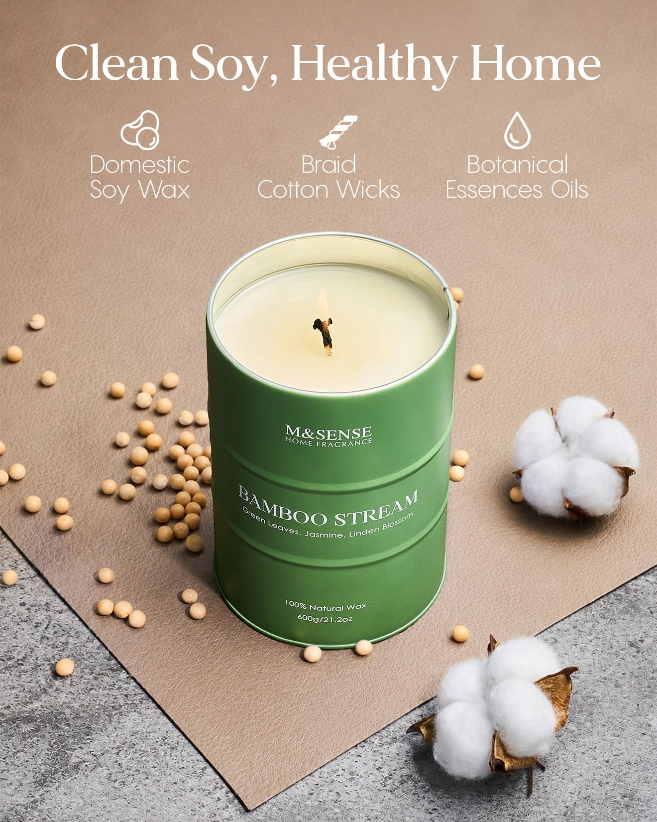 M&SENSE Bamboo Scented Candles Natural Non Toxic, Large Aromatherapy Candle for Stress Relief Meditation Relaxing, Housewarming Gifts for Women Men, 21.2oz 120 Hour Long Burning