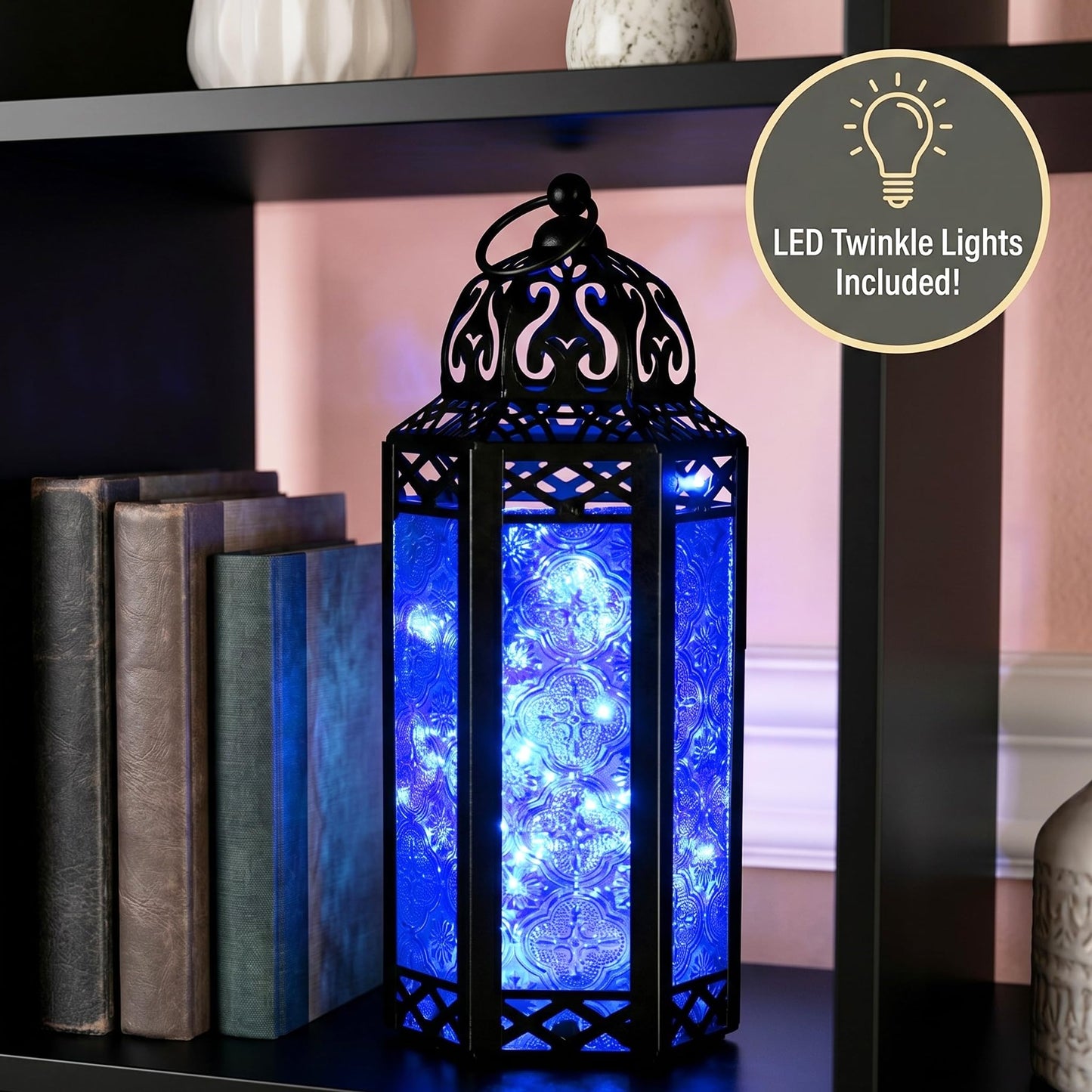 Vela Lanterns Decorative Indoor Moroccan Candle Holder & LED Fairy Lights -Twinkle Turkish Lamp, Fantasy Home Decor Table Centerpieces, Hanging Outdoor Patio Porch Wedding Ramadan (10.5", Cobalt)