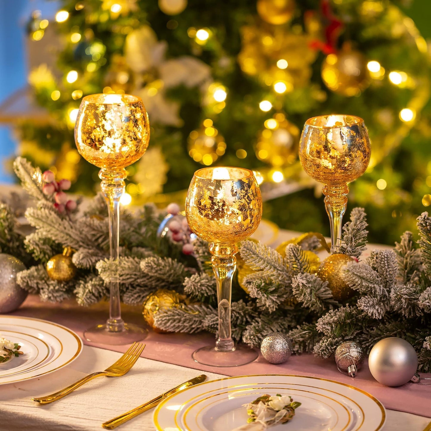 Inweder Glass Tealight Candle Holder: Gold Mercury Votive Holders 9/10/12 Inch Tall Long Setm Floating Candle Holders for Christmas Dining Table Centerpiece Wedding Party Set of 3