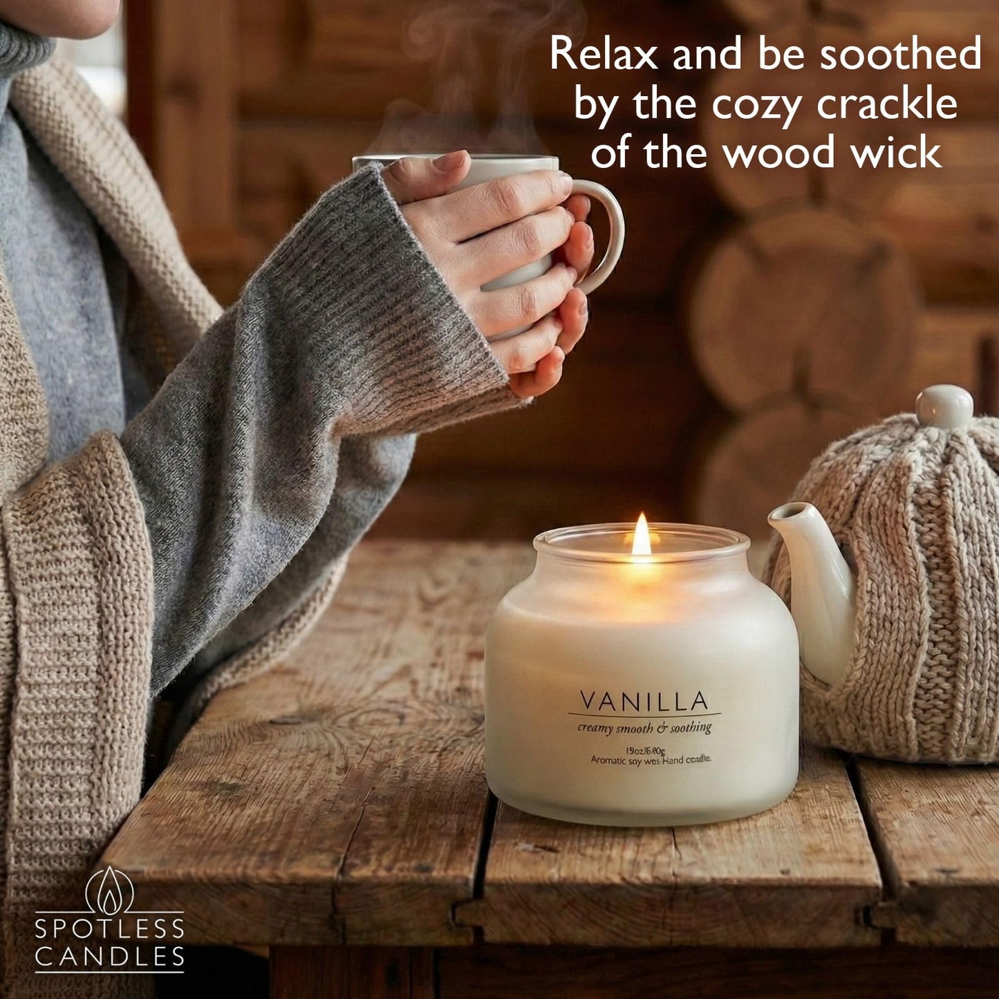 Vanilla Volcano Candle 19oz: 80-Hour Burn, Creamy Smooth Vanilla Scent, Hybrid Soy Wax, Crackling Wood Wick, Cream Matte Glass Jar, Gold Foil Gift Box by Spotless Candles