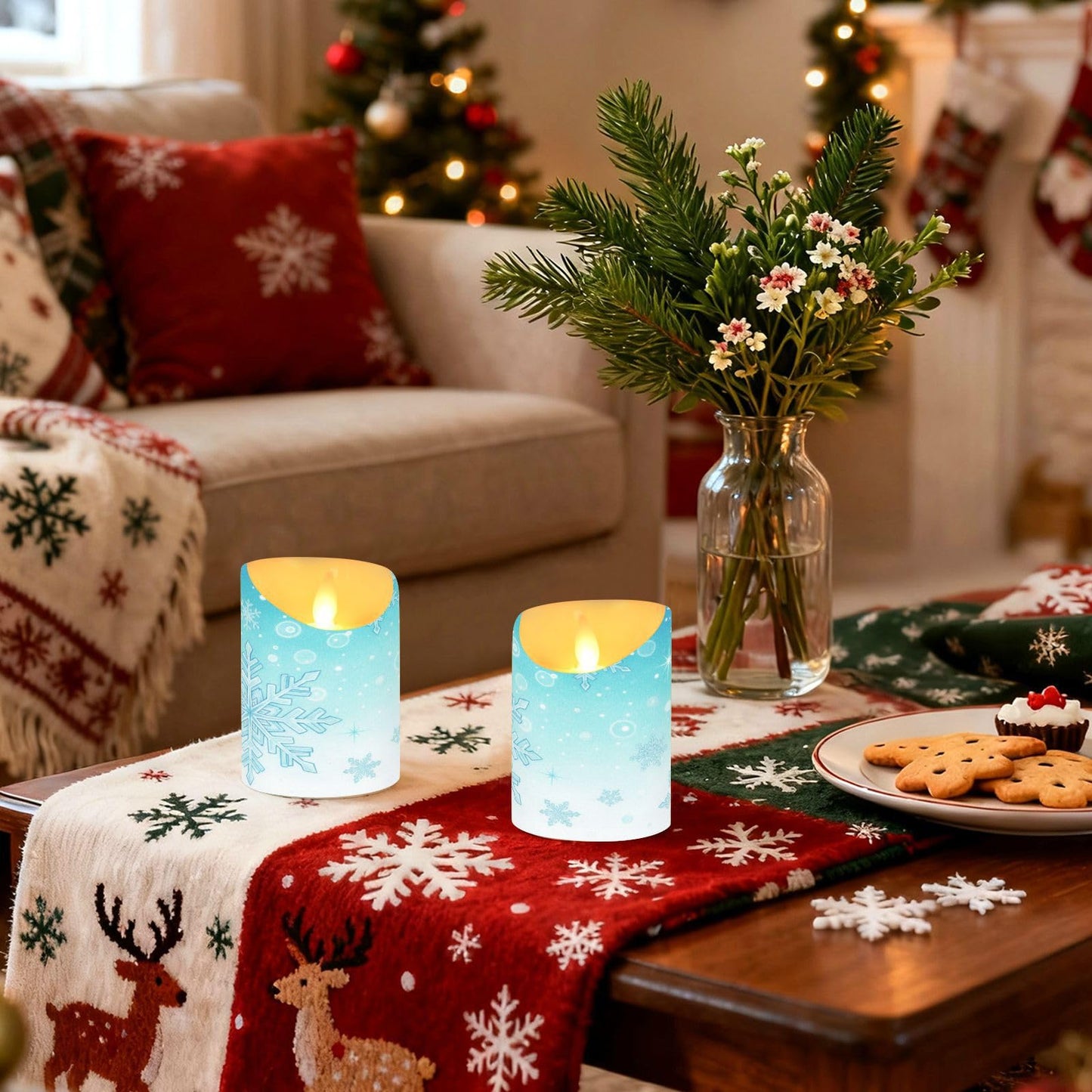 Christmas Flameless Candles Set of 2 Snowflakes Teal Turquoise D Realistic LED Candles with Remote Battery Operated Holiday Decorations