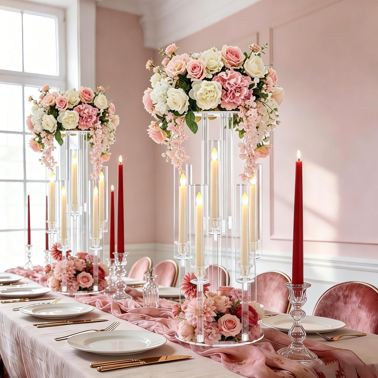 4PCS Acrylic Candelabra Centerpieces for Tables,2-in-1 Clear 5 Arm Candelabras &Flower Stand for Wedding Centerpieces,Acrylic Centerpieces Stand for Birthday Party Event Decor Fit LED Candle