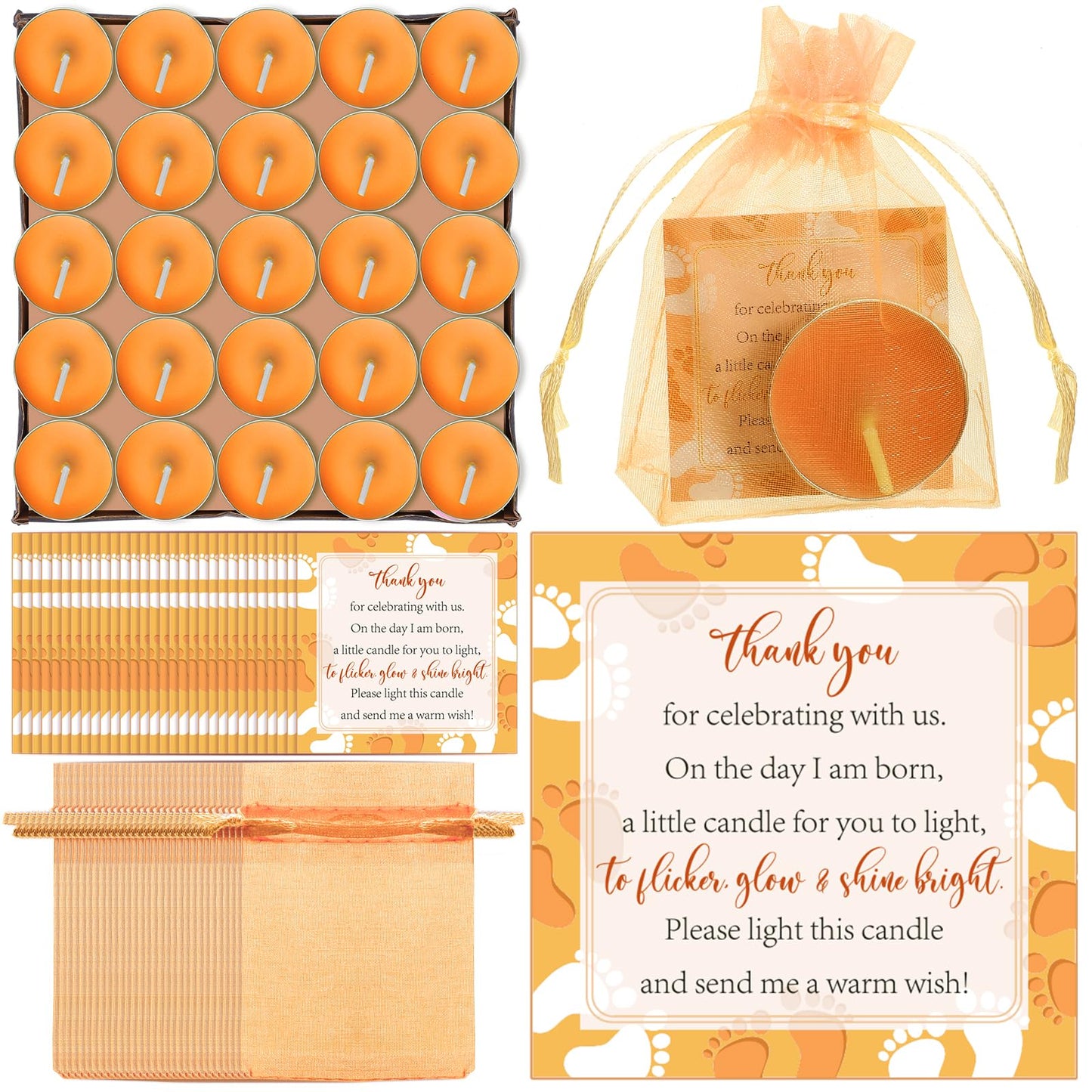 50 Sets Baby Shower Party Favors Including 50 Pcs Unscented Tealight Baby Shower Candles Gift Bags Cards for Gender Reveal Party Supplies(Orange)