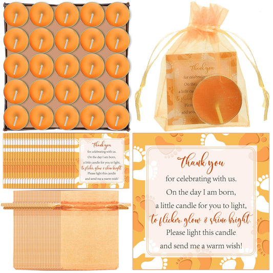 50 Sets Baby Shower Party Favors Including 50 Pcs Unscented Tealight Baby Shower Candles Gift Bags Cards for Gender Reveal Party Supplies(Orange)