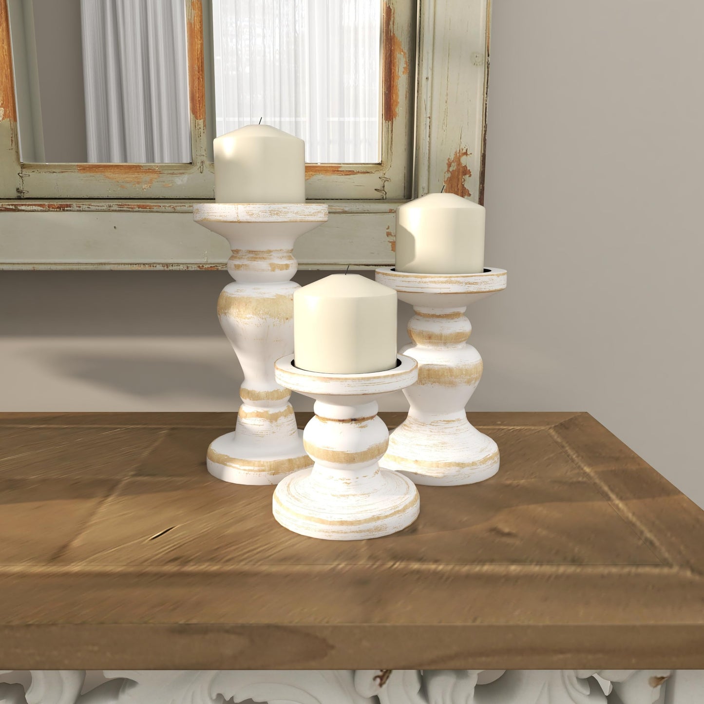 Deco 79 Wood Decorative Candle Holder Turned Style Candle Stand, Set of 3 Candlestick Holder 8", 6", 4"H, White