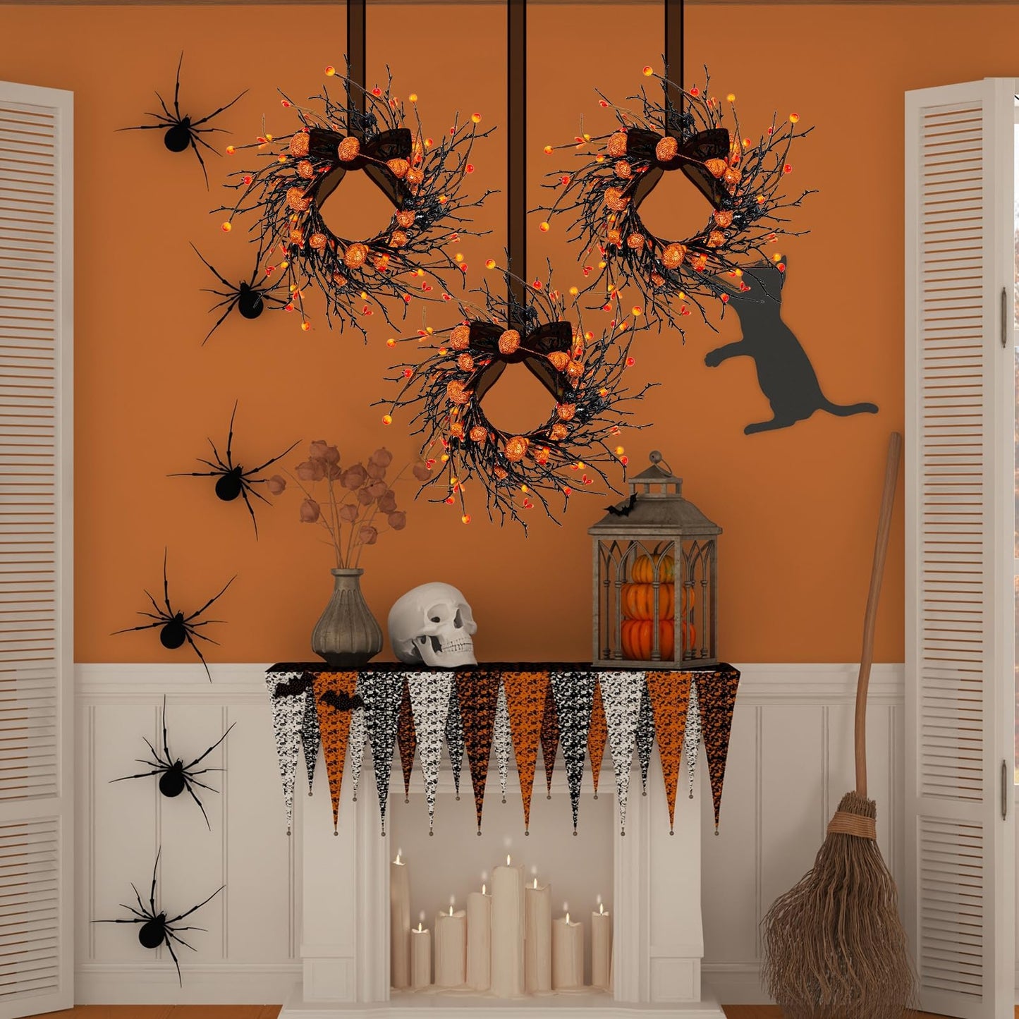 8 PCS Halloween Candle Rings Wreaths Black Orange Berries & Pumpkin Candle Rings Mini Wreath 3.5 Inch Center for Pillar Candle Halloween Fall Thanksgiving Party Home Table Indoor Decorations