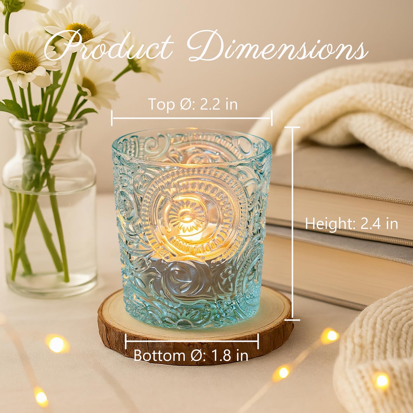 6 Pack Sun Moon Star Embossed Glass Tea Light Candle Holders - Votive Candle Holders for Wedding, Party, Home Decor, and Table Centerpieces (Clear Glass)