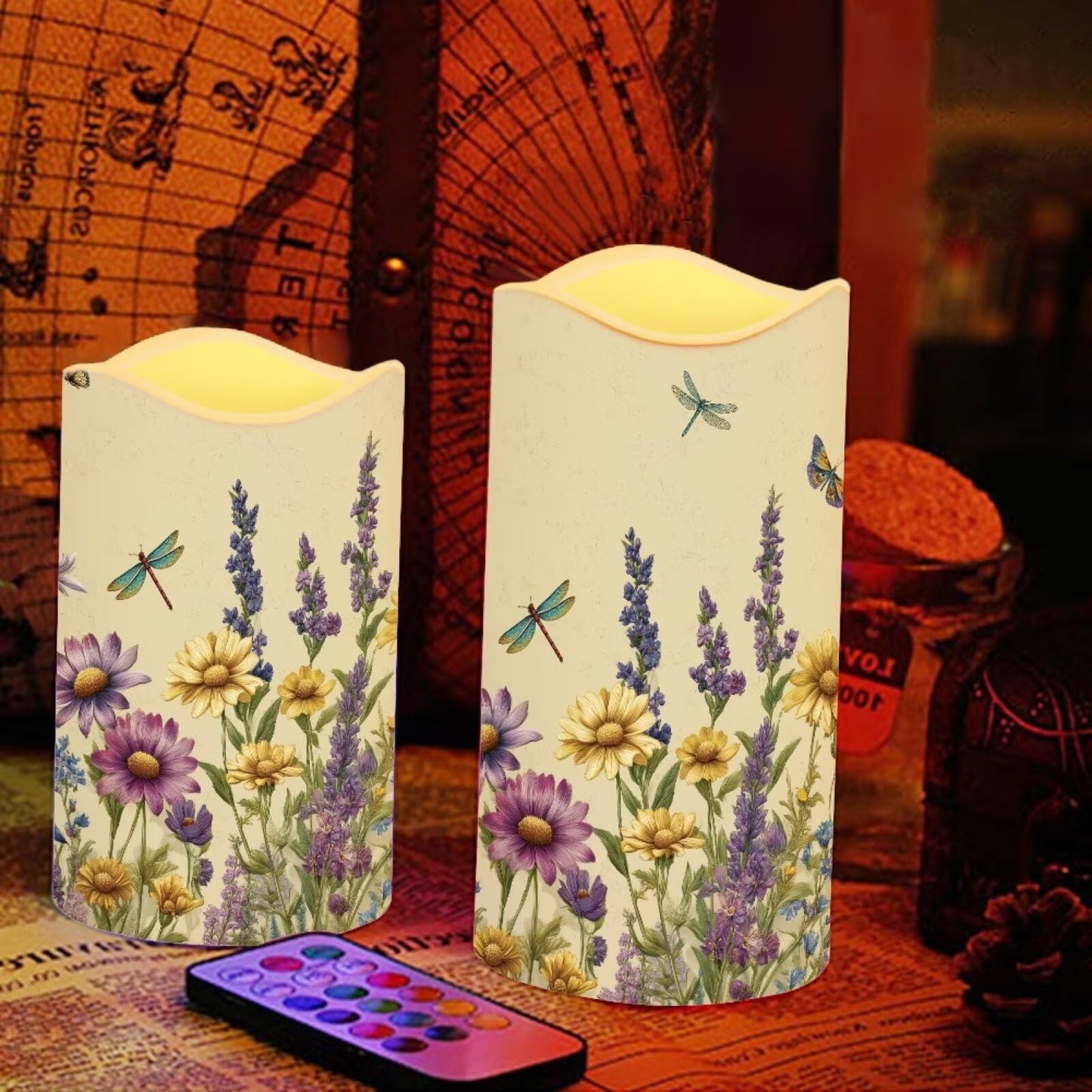 Cozeyat Wildflowers Flameless Candles 4 Pack Battery Operated with Remote Timer LED Pillar Candles Flickering Waterproof for Indoor Outdoor Party