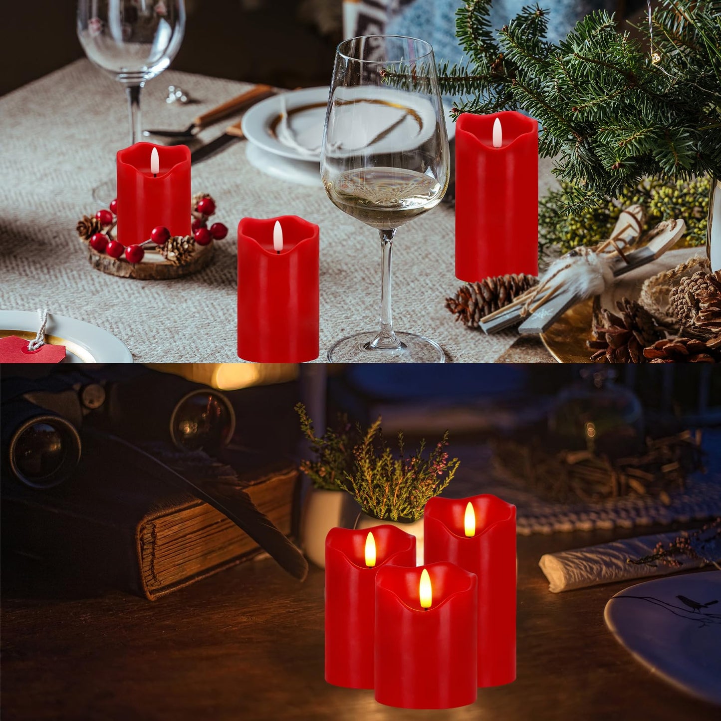 Flickering Flameless Candles, Set of 3 Red LED Candle Light with Remote & Timer, Battery Operated Electric Pillar Candle by Real Wax Dimmable Fake Candles for Valentine's Day Wedding Anniversary (Red)