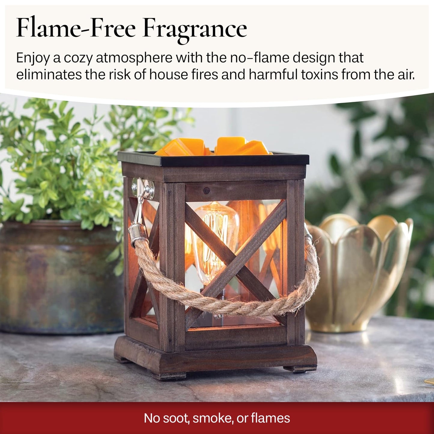 Candle Warmers ETC. Vintage Bulb Illumination Fragrance Warmer- Light-Up Warmer for Warming Scented Candle Wax Melts and Tarts to Freshen Room, Walnut & Rope