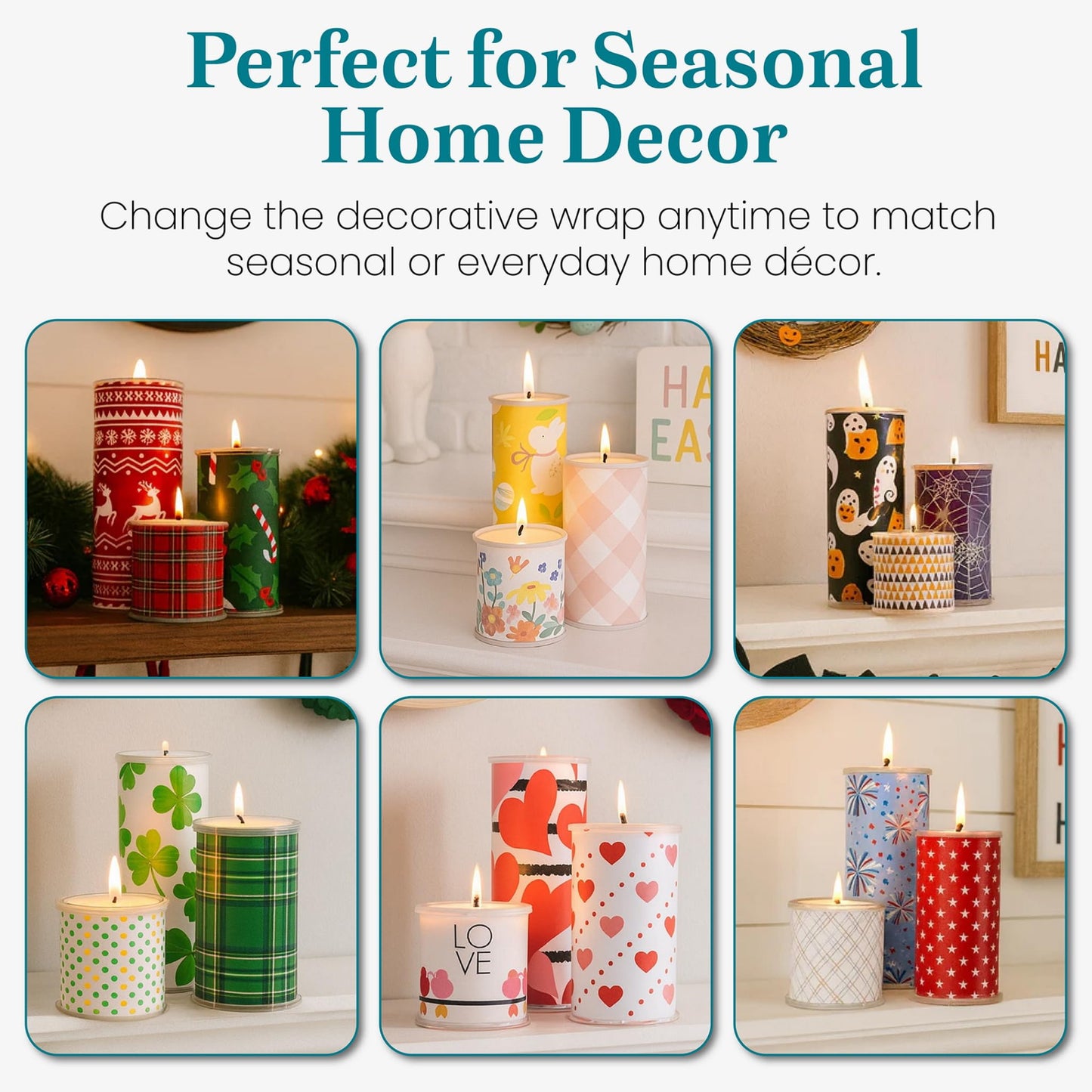 Wrap A Candle Holiday Wrap Pak – Dual-Sided Decorative Candle Wraps, 8 Holiday Designs, Reusable & Interchangeable, Year-Round Home Décor