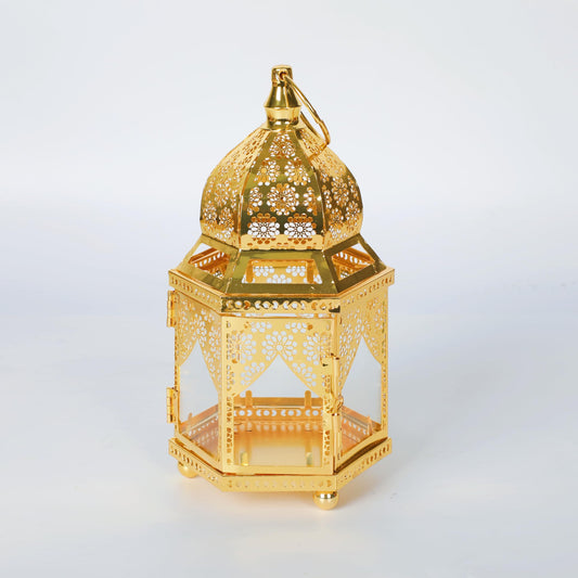 Moroccan Lantern Lamp Decorative Candle Holders with Glass for Ramadan Decorations, Hanging, Outdoor Patio or Porch, Indoor Home Decor（Gold）