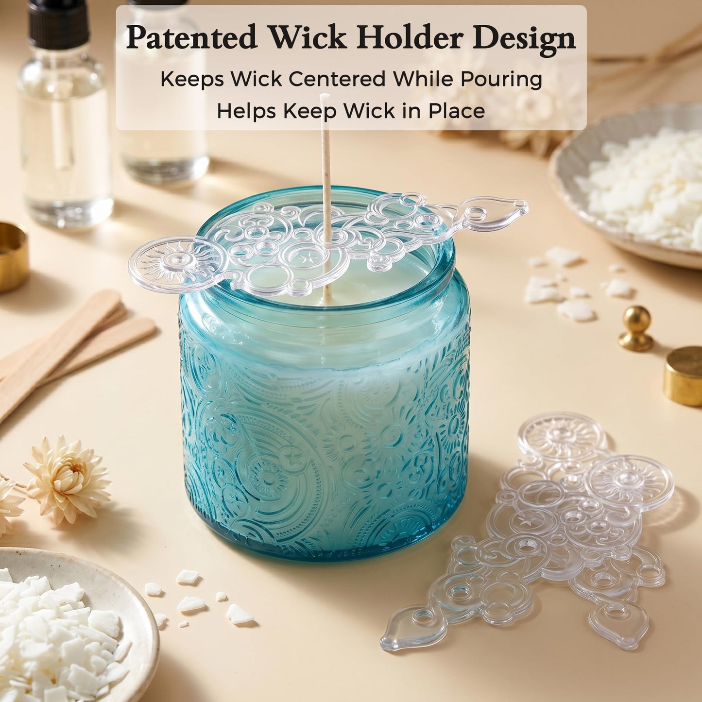 10 oz Embossed Glass Candle Container with Bamboo Lids and Labels, Clear Candle Jars for Making Candles, Sun Moon Stars Design - Pack of 9 (Blue)