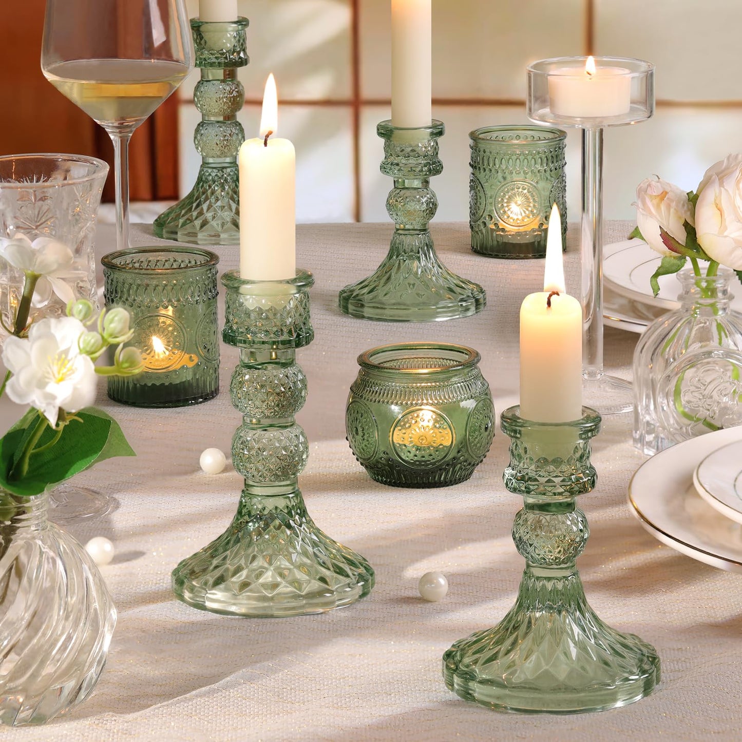 DARJEN Green Glass Candlestick Holders Set of 6, 4" H & 5" H Taper Candle Holders for Candlesticks & Pillar Candles, Diamond Candle Holders for Wedding Party Table Centerpiece, Home Decor