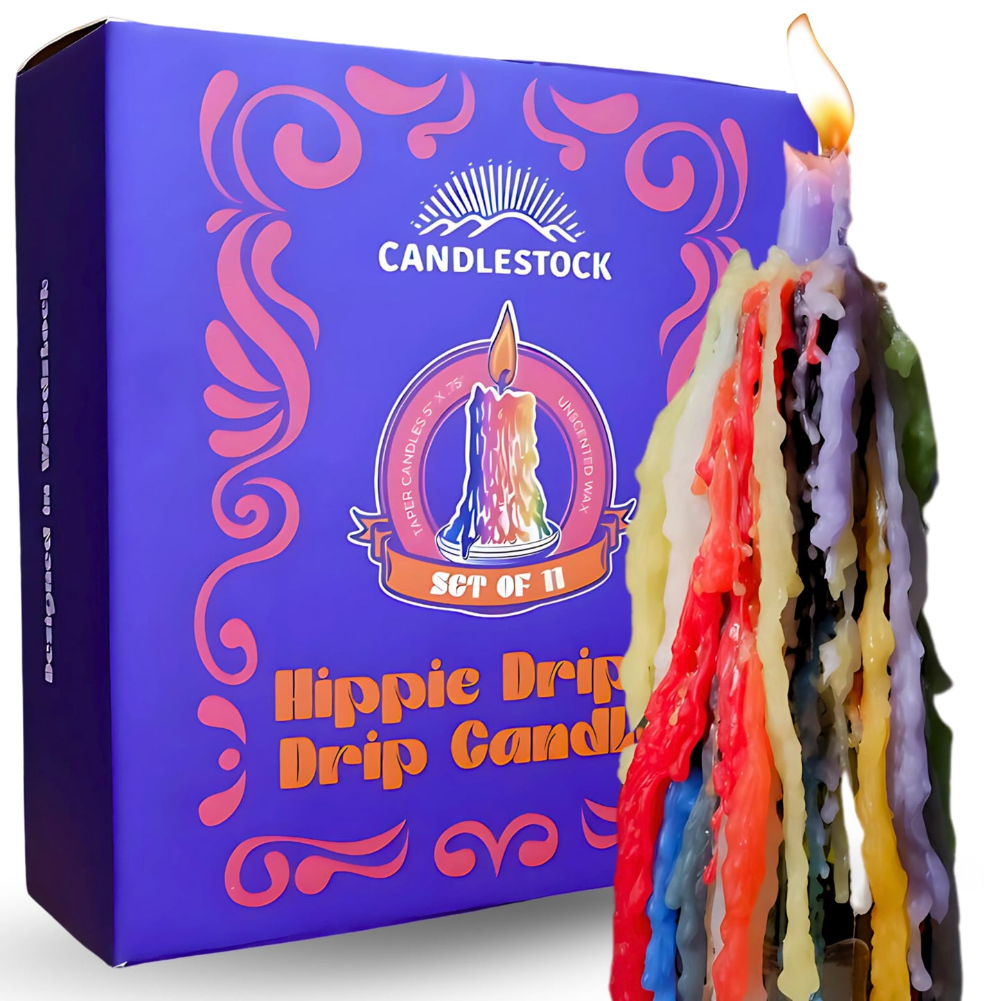Candlestock Hippie Drippy Drip Candles - Pack of 11 Dripping Taper Candles - Wine Bottle Melting Candles (Hippie Rainbow)