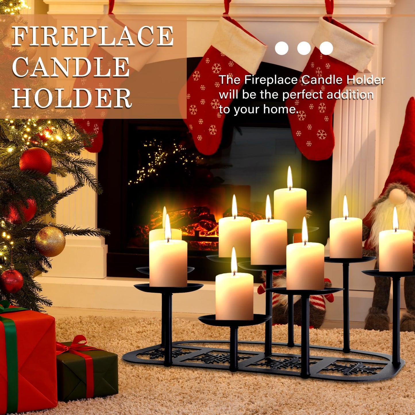 Fireplace Candelabra Candle Holder Matte Black Metal Candleholder with 9 Candle Stands Mantle Decor for Flameless or Wax Pillar Candle Floor Table Centrepiece Christmas Wedding Party Decoration