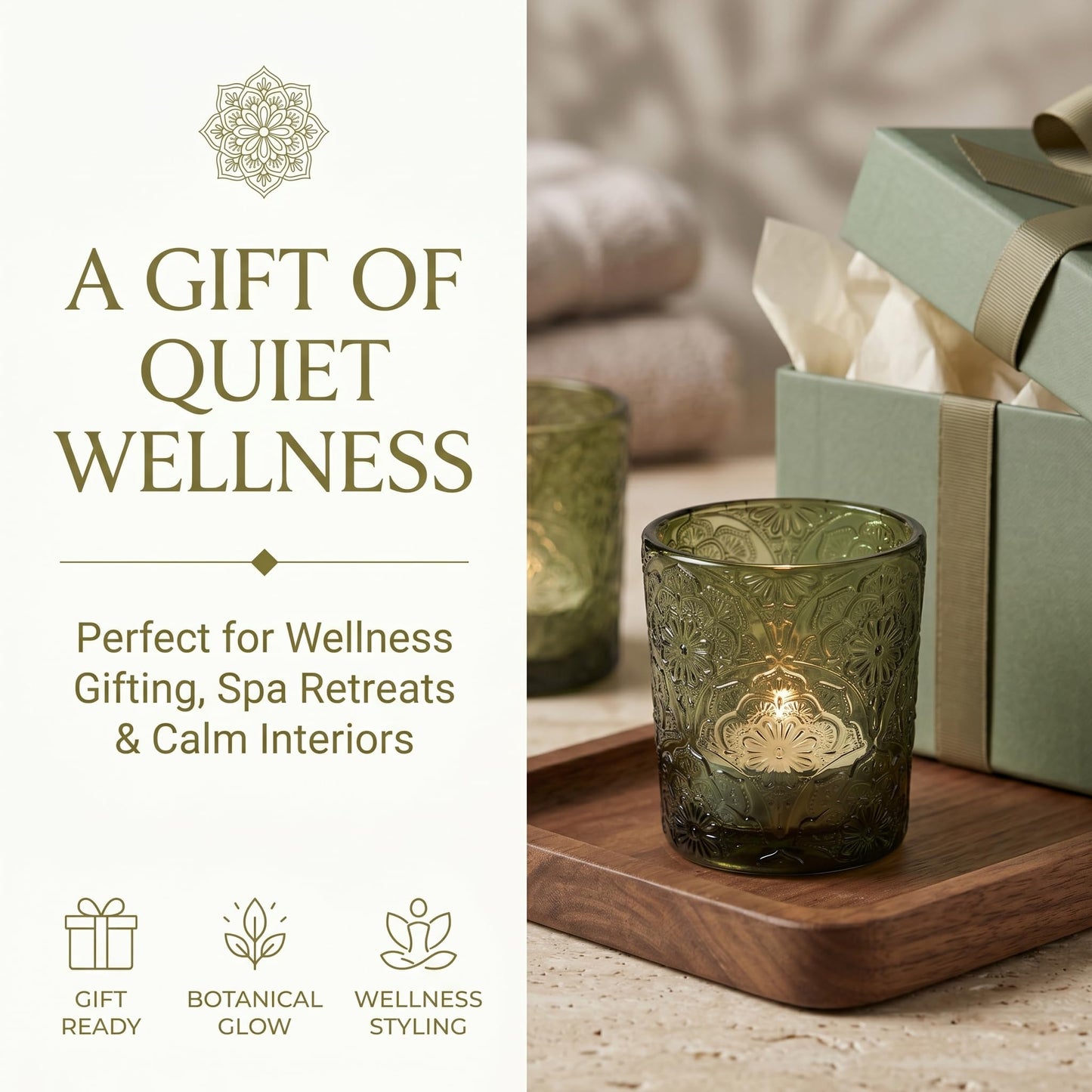 6 Pack Mandala Embossed Glass Candle Holders – Votive Tealight Holders with Patent Design, Decorative Embossed Glass Cups for Wedding Centerpieces, Parties, and Home Décor (Moss Green)