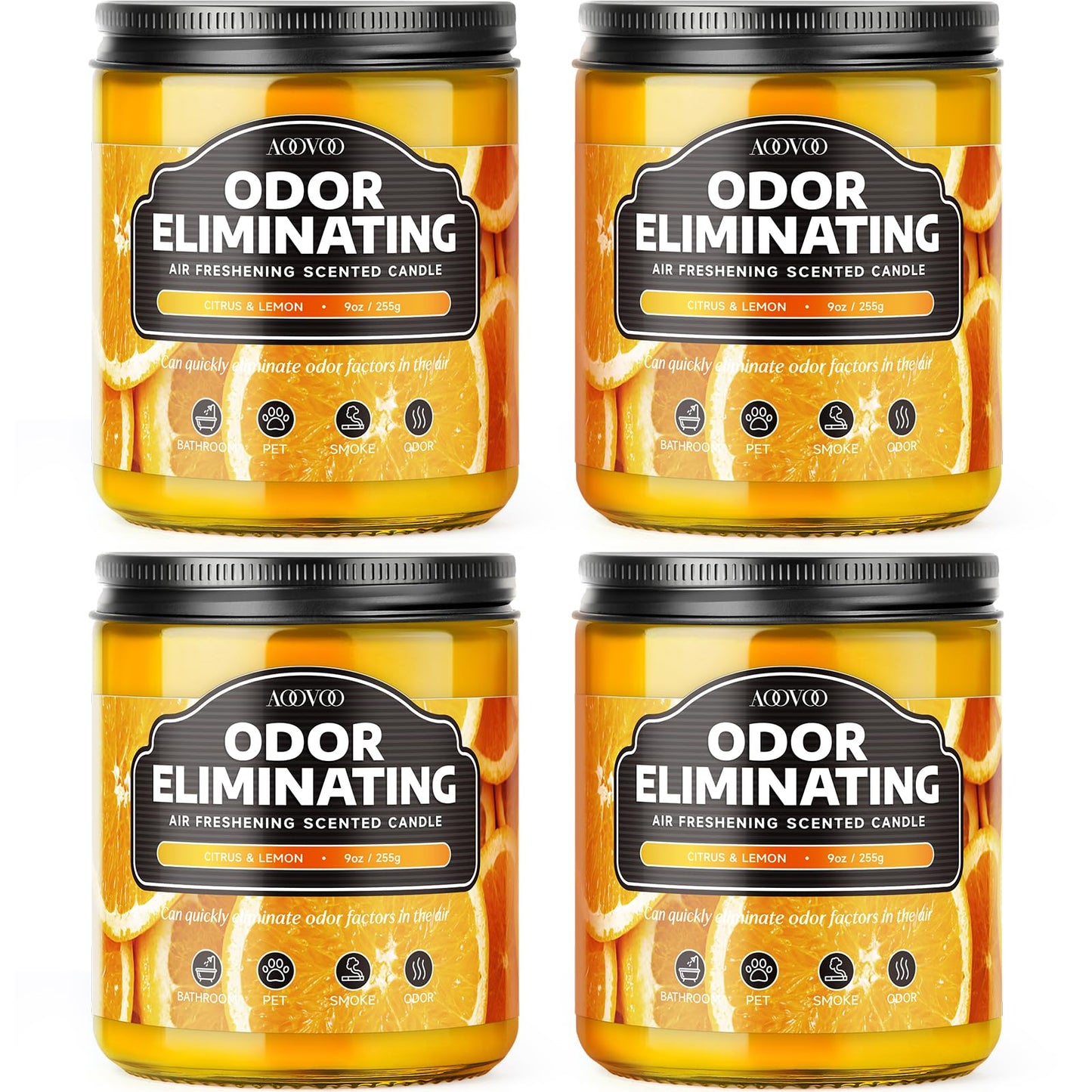 AOOVOO 4 Pack Citrus Lemon Odor Eliminating Highly Fragranced Candle Set - Eliminates 95% of Pet, Smoke, Food, and Other Smells Quickly, Non Toxic Air Freshing Soy Candle