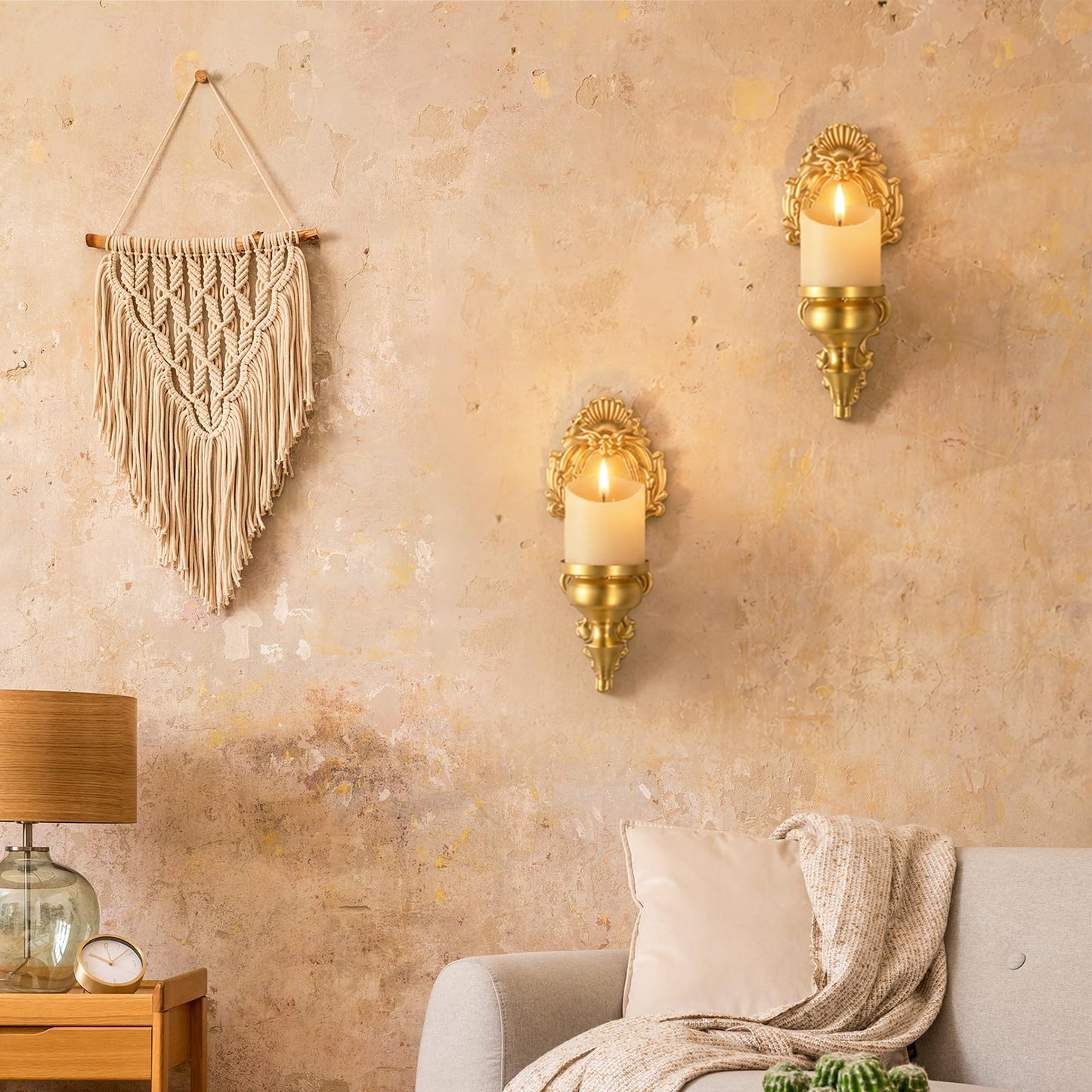 Ferrochef 2 Pack Gold Candle Sconces for Tapered Candlestick Gold Candle Wall Sconce Holder Iron Candelabra Rustic Home Decor Metal Gothic Wall Decorations Brass Baroque Decor for Living Room Hallway