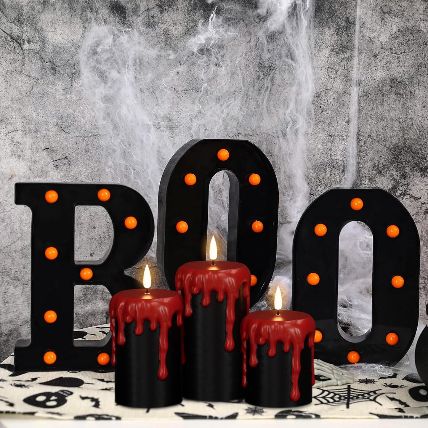 DRomance Battery Operated Flameless Candles with 6H Timer, Blood Dripping Wax Effect Black LED Pillar Candles 3D Wick Flickering Spooky Halloween Indoor Decoration Light(3 Pack, 3 x 4,5,6 Inches)