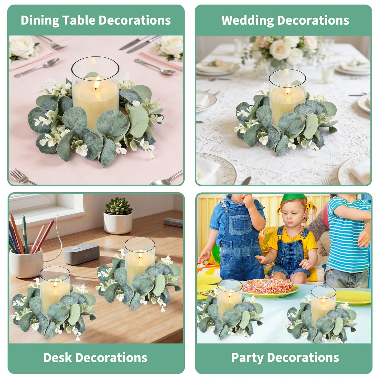 6 Sets LED Candle Rings with Artificial Eucalyptus Wreaths, 4-Inch Center Pillar Candle Holders for Wedding Table Centerpieces, Party Home Decor