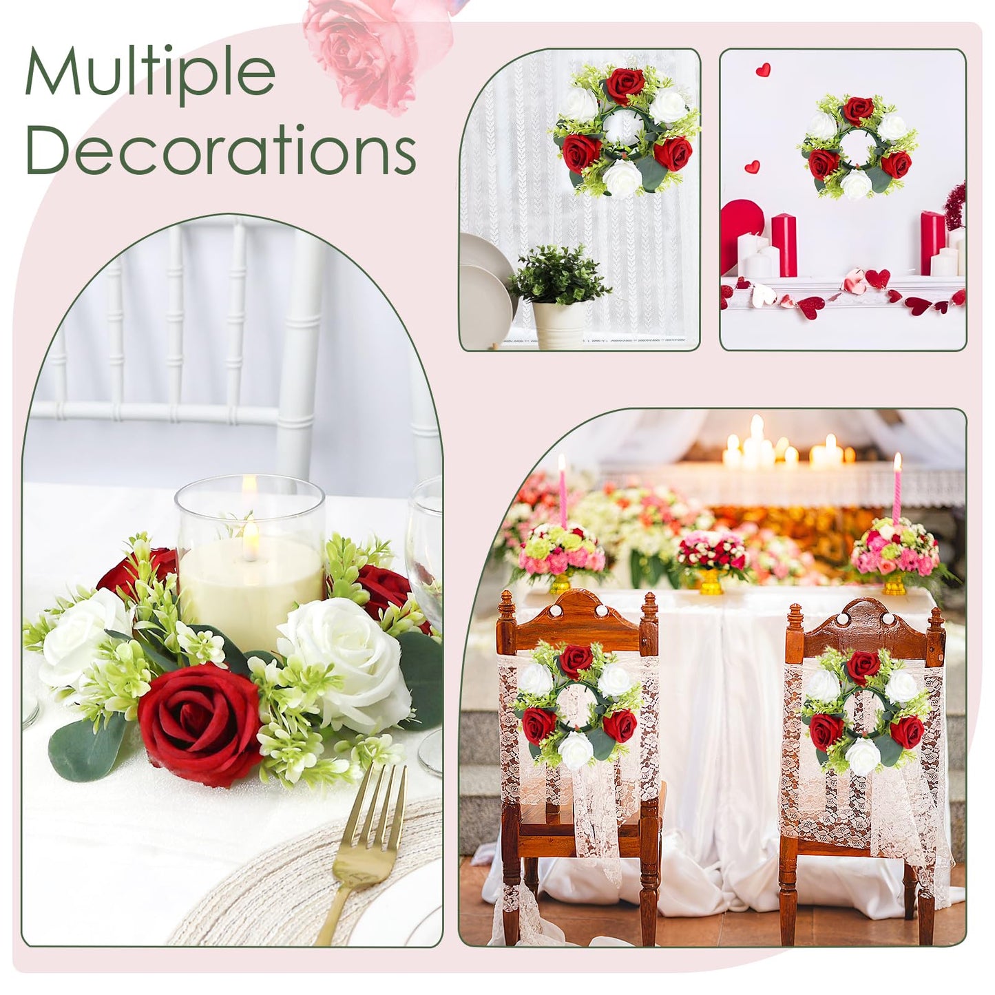 Acmee Crimson Rose Candle Rings with Flameless Candles Sets - 12PCS Artificial Flower Eucalyptus Wedding Centerpiece 3 Inch Pillar Candleholders Wreaths for Wedding Party Decor (Crimson - 6 Sets)