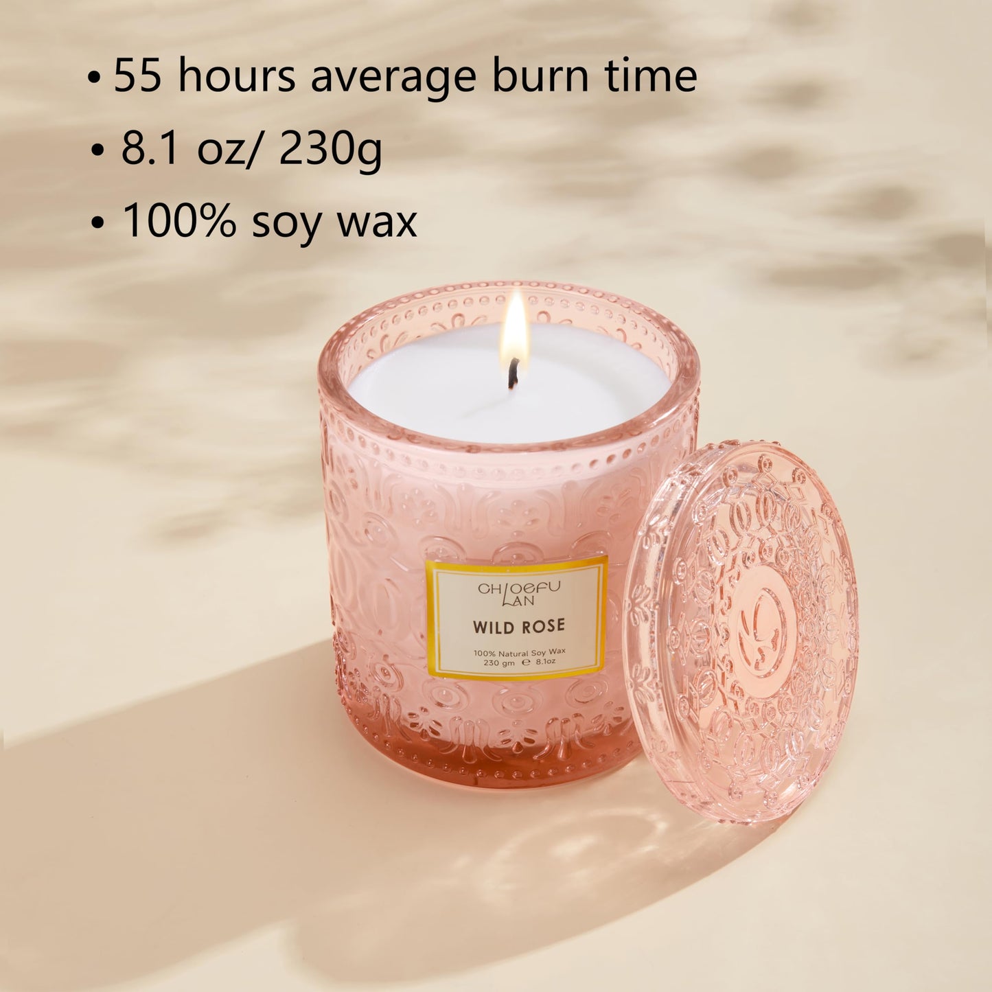 Chloefu LAN Wild Rose Candle, Mother Day Candles Gifts for Women, Luxury Jar Candle for Home Scented, Natural Soy Wax, Pink Candles for Home Scented, 55 Hours Long Burning, 8.1 oz