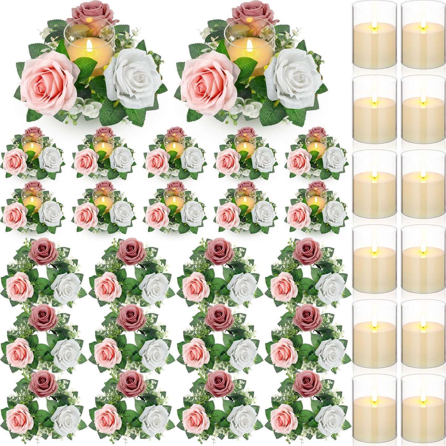 Yunlly 12 Pcs Rose Candle Rings with Flameless Candles Sets, Artificial Flower Eucalyptus Wedding Centerpiece 3 Inch Pillar Candleholders Wreaths for Wedding Party Mother's Day (Pink，White)