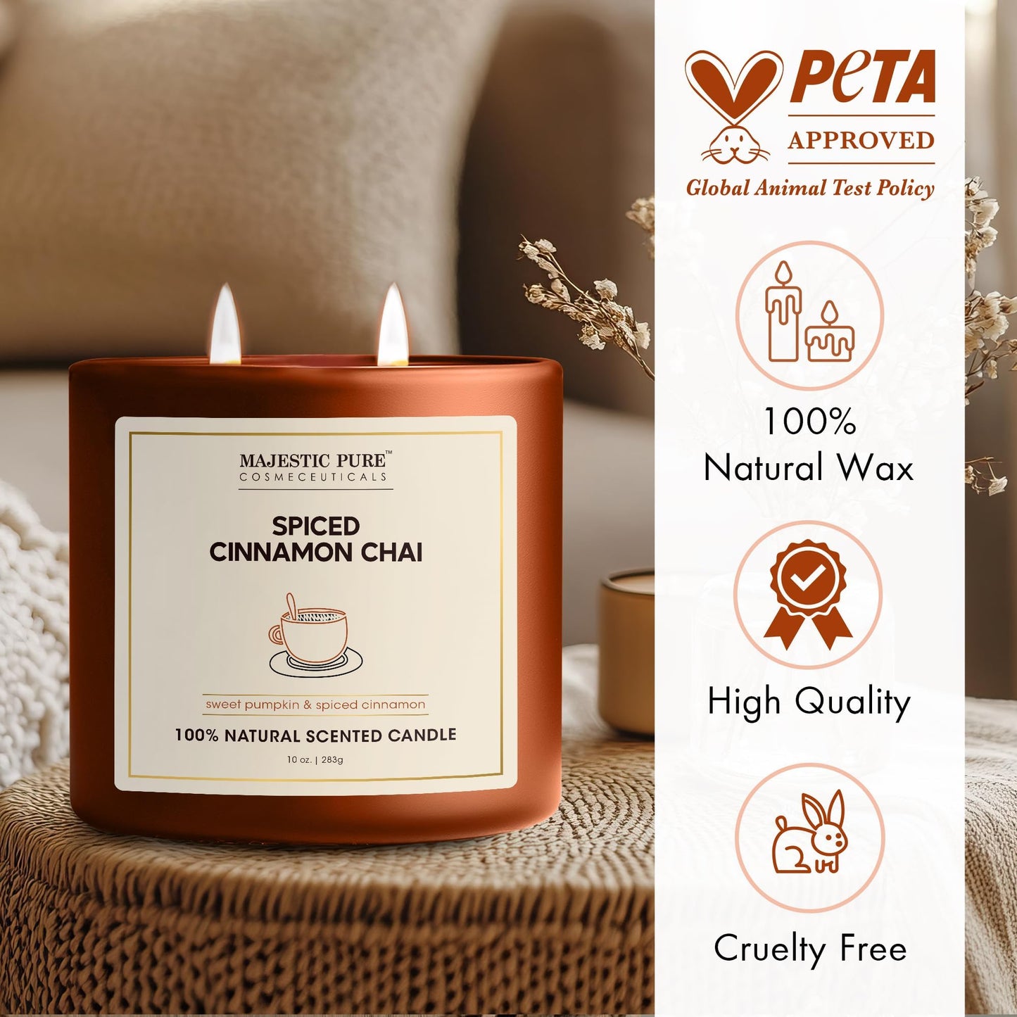 Majestic Pure Pumpkin Cinnamon Scented Candle with Upto 45+ Hrs Burn Time, 2-Wick Candle, Soy Wax Blend for Cleaner Consistent Burn, 10 oz Jar Candle with Room Filling Fragrance, Spiced Chai