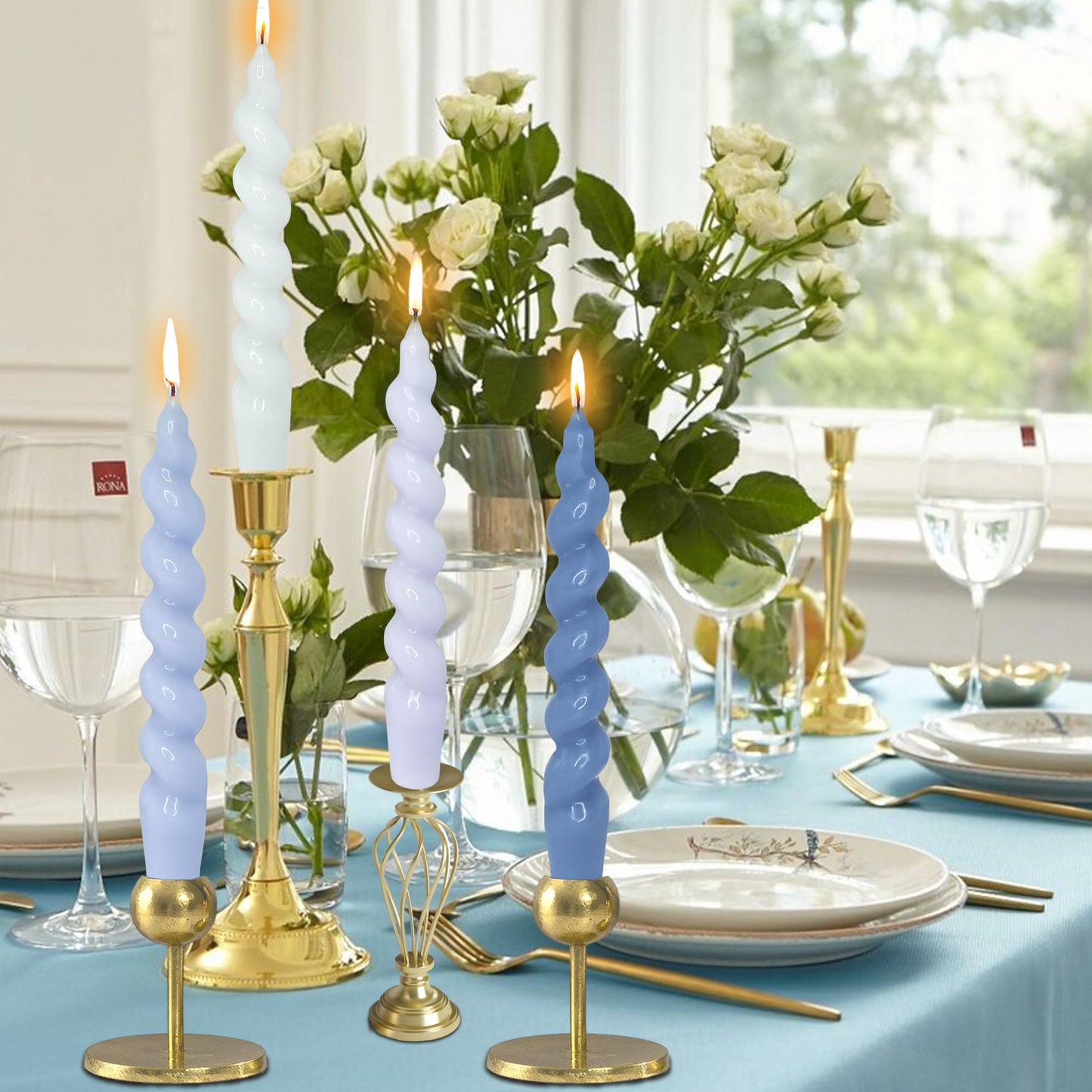 7.5 Inch Twisted Taper Candle 4 PCS Unscented Spiral Candle Smokeless Gradient Blue Candlesticks for Home Dinner Wedding Party Decoration