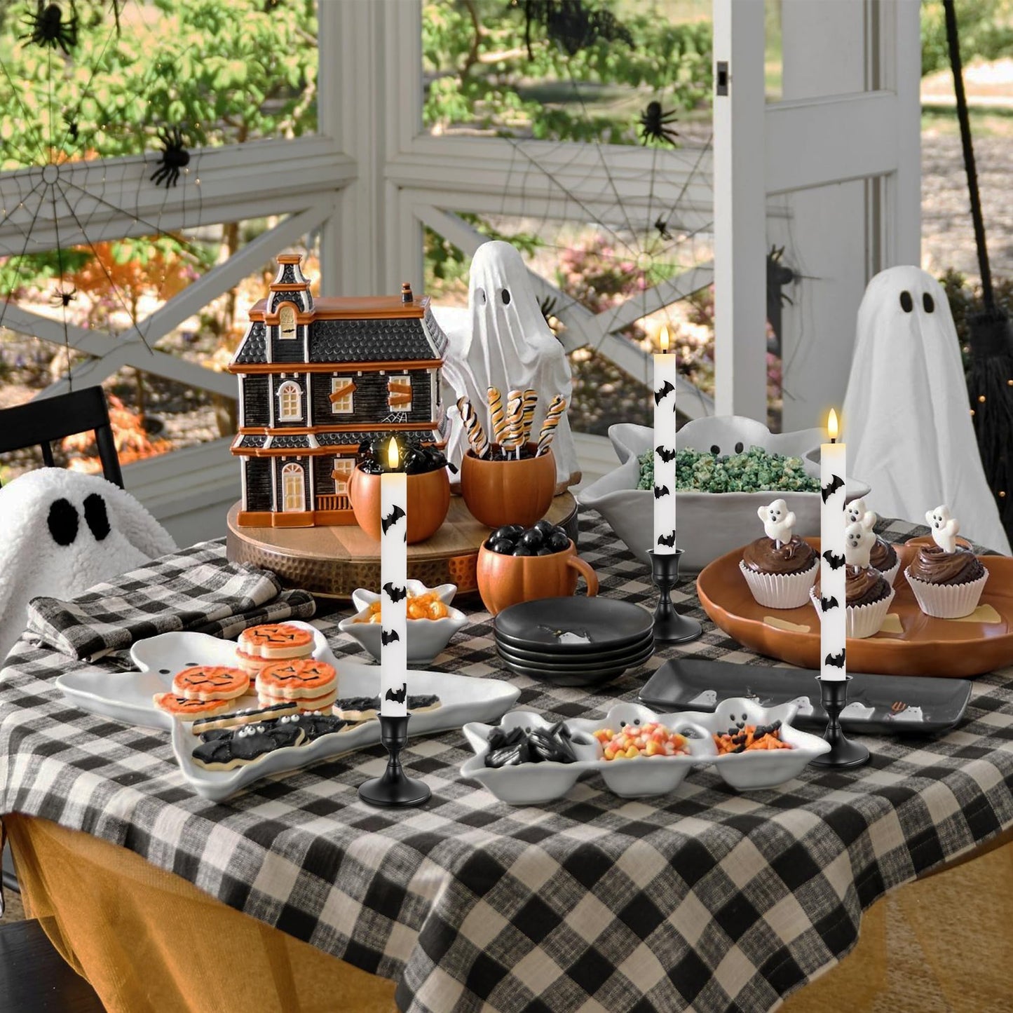 SEHNSY Halloween Flameless Taper Candles with Remote and Timer, 4 Pack Bat LED Flickering 3D Flame Real Wax Candles, Battery Operated Halloween Table Decor for Spooky Indoor Displays