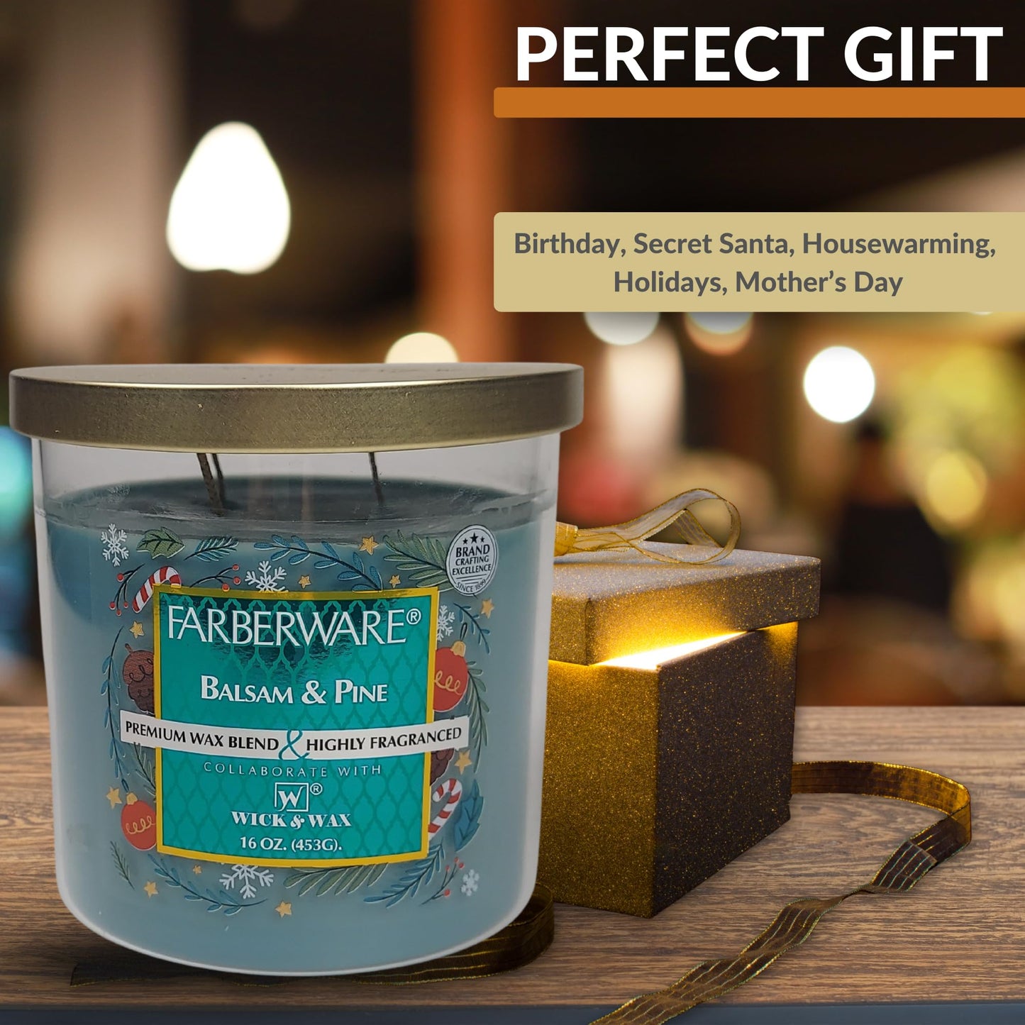 16oz Balsam and Pine Christmas Tree Jar Candle by Farberware – Soy Wax, Three Wick Highly Scented Candle for Entertaining, Personal Relaxation – Up to 65 Hours Burn Time – for Any Fragrance Lover