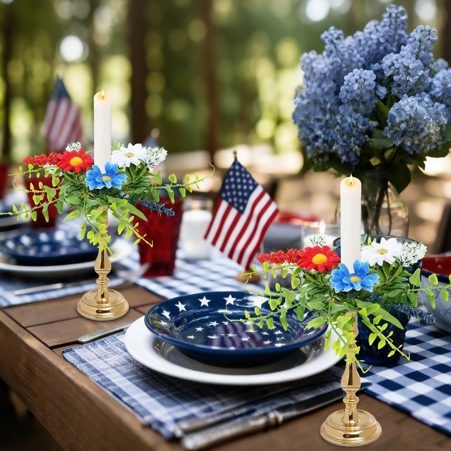 6 PCS Patriotic American Taper Candle Rings Wreaths 1.38" Mini 4th of July Floral Taper Candle Holder with Daisy Artificial Independence Day Table Centerpieces Wreath for Party Home Candlesticks Decor
