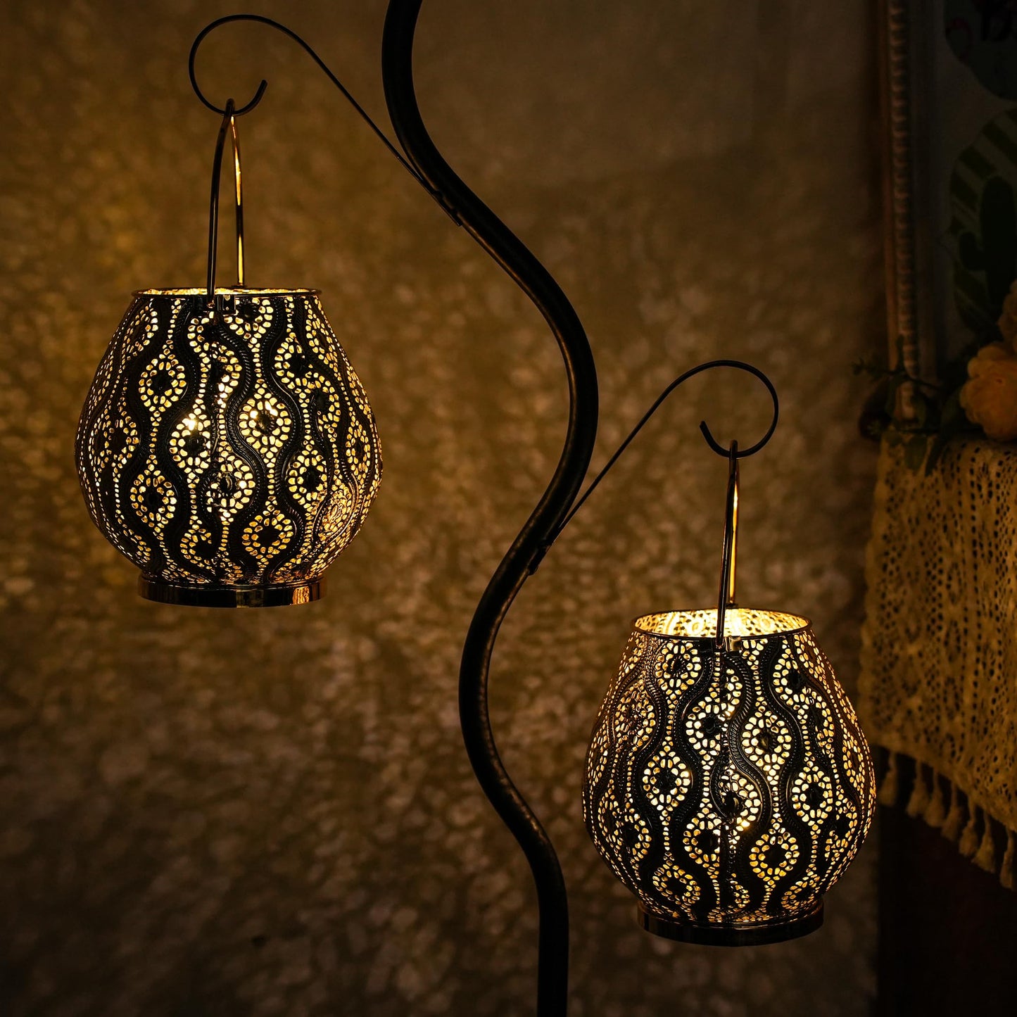 TRIROCKS Set of 2 Moroccan Decorative Lamps 8'' High Cordless Lamp Metal Table Lamps with Fairy Lights Bulb for Home Living Room Garden Yard Party Events Tabletop Indoor Outdoor(Gold)