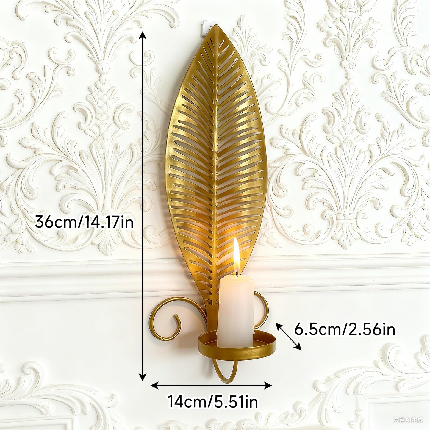 Farmhouse Wall Candle Sconces Vintage Metal Leaf Candle Holder, Set of 2 Wall Candlestick Mounted for Hallway Fireplace Bedroom Living Room (Gold)