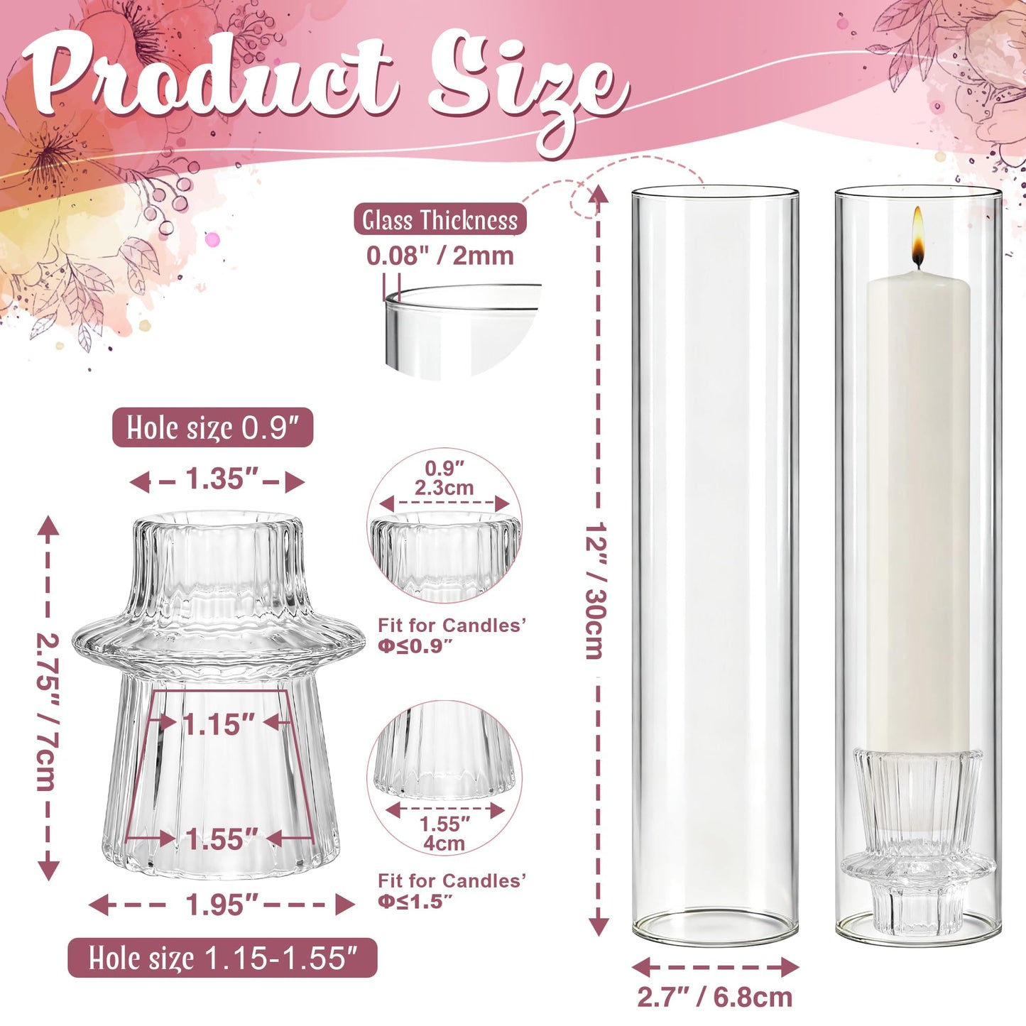 12 Set Glass Hurricane Candle Holders - 12" Tall Clear Glass Candlestick Holders for Taper Candles with Cylinder Chimney for Wedding, Party, and Home Table Centerpiece Decoration