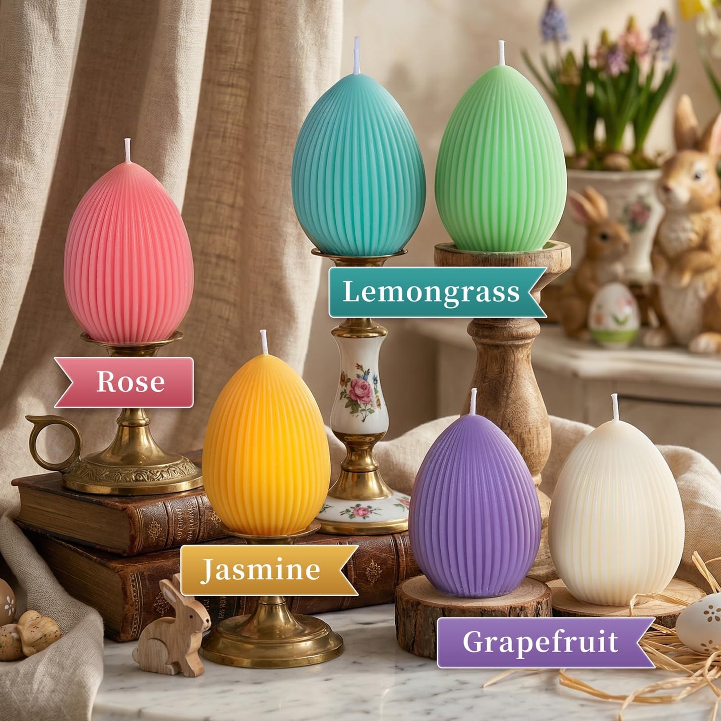 Lanpn 6 Pcs Easter Egg Candles Gift Set, Mini Egg Shaped Votive Tea Lights, Easter Flower Fruit Scented Candles, Each 2.8 oz, Spring Party Holiday Decor Home Table Centerpiece, Macaron Color