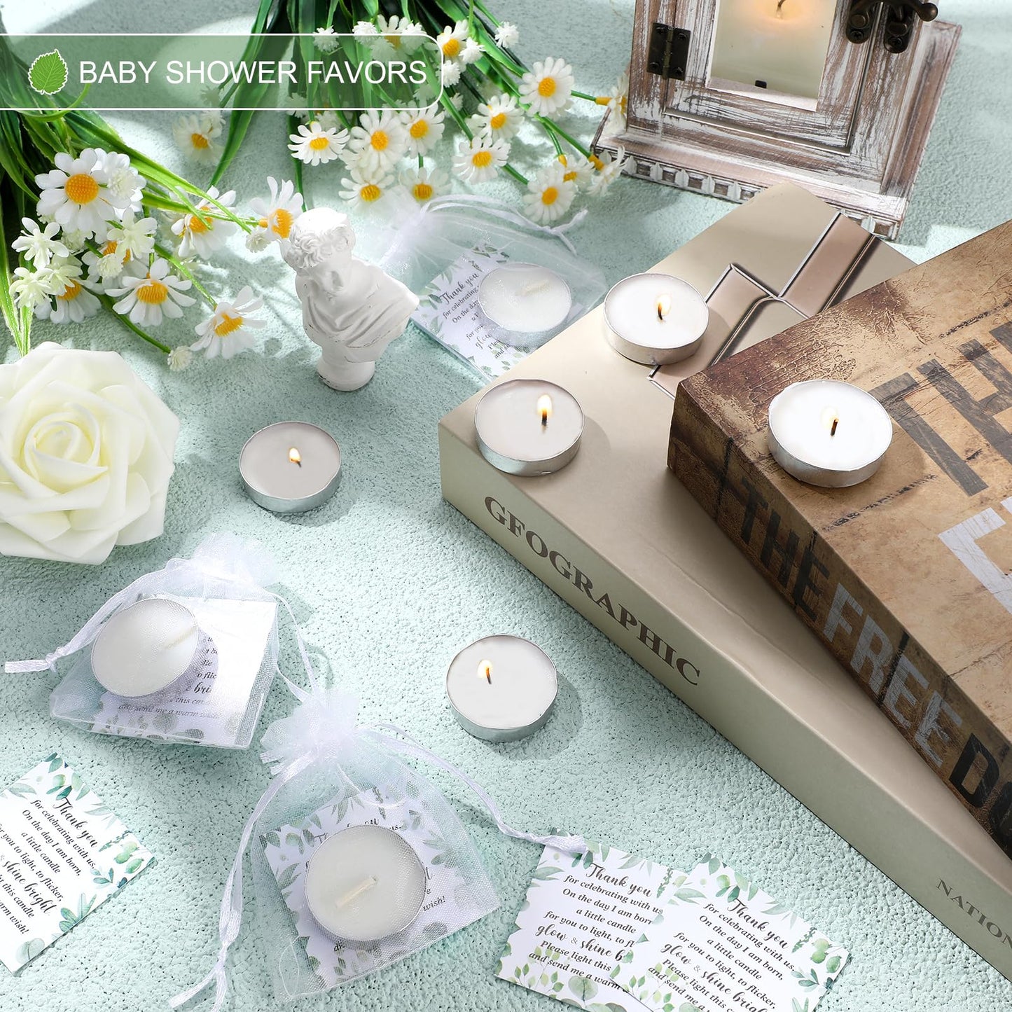 MTLEE 50 Sets Baby Shower Party Favors Candles Including 50 Pcs Tealight Candles Thank You Cards Baby Shower Bags for Guests Prizes Gender Reveal Party Decorations(White,Eucalyptus)