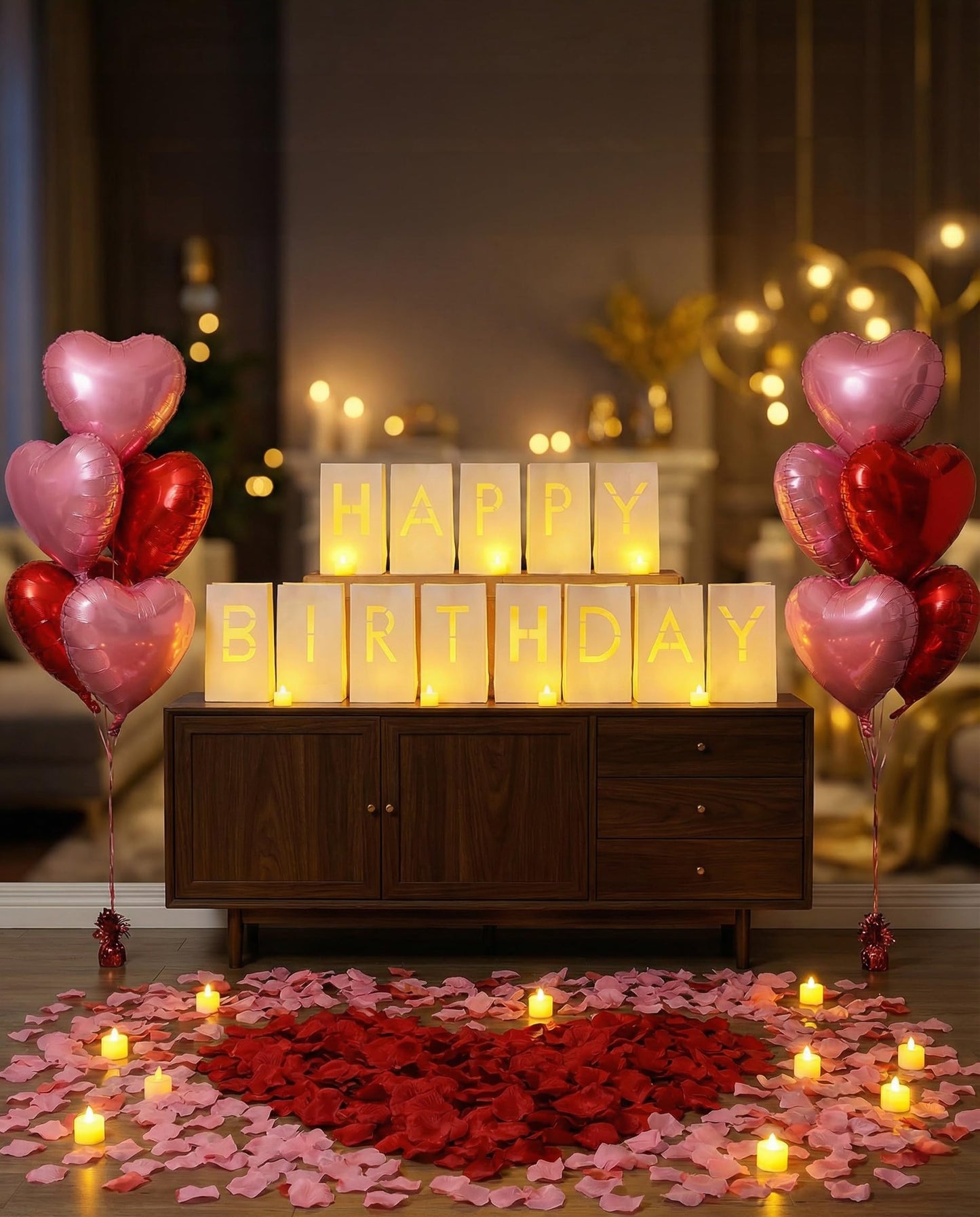 JZLiner Happy Birthday Light Up Sign Include Fake Rose Petals Led Tea Light Candles Balloons Set Room Decor for Women and Men