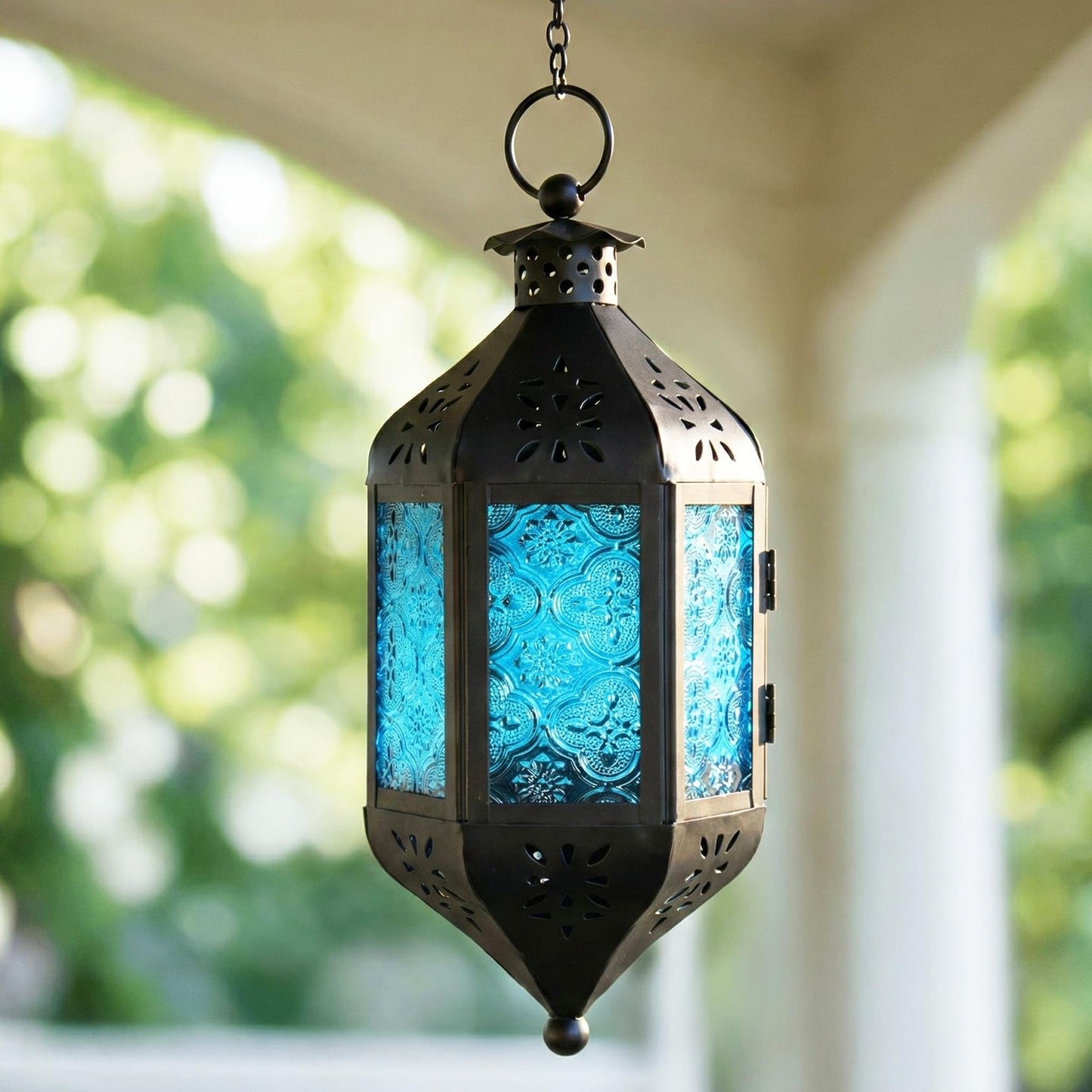 Vela Lanterns Hanging Moroccan Lamp - Exotic Decorative Patio & Porch Decor, Indoor Outdoor Tea Light Candle Lantern Holder with Chain (11" Medium, Blue Glass, 3-Pack)