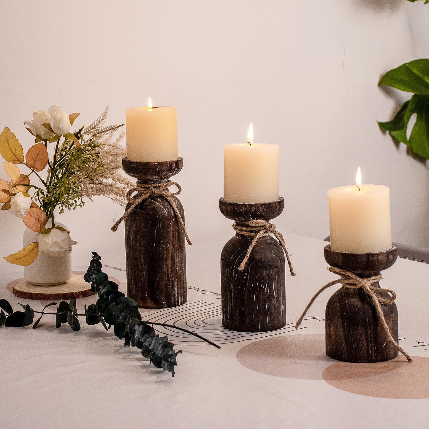 Farmhouse Wooden Candle Holders for Pillar Candles, Brown Distressed Set of 3 Rustic Wood Pillar Wood Candle Stands with Hemp Rope Bow Table Centerpiece Decor for Fireplace, Living, and Dining Room