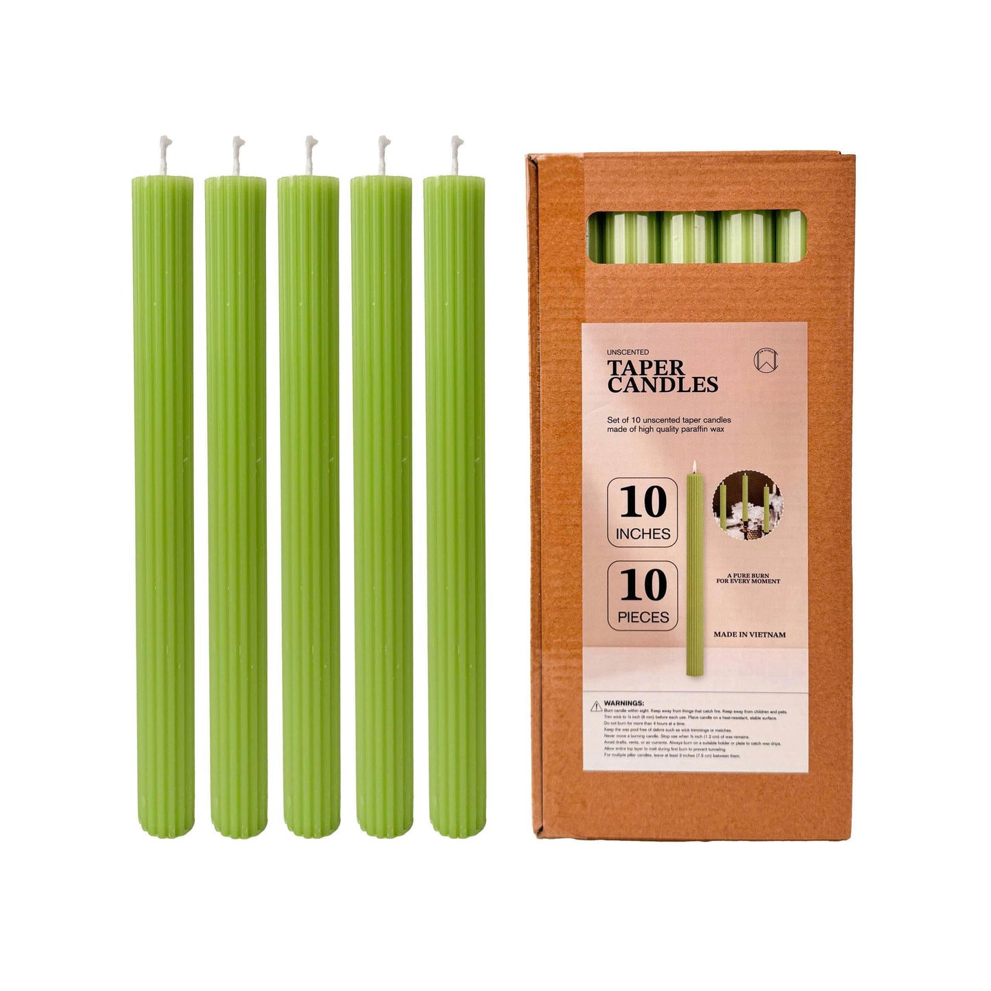 Ribbed Taper Candles 0.78x10 Inch 10 Pack Light Green – CW Studio Unscented Fluted Design, Up to 11 Hour Burn, Smokeless Dripless Hand-Poured Wax