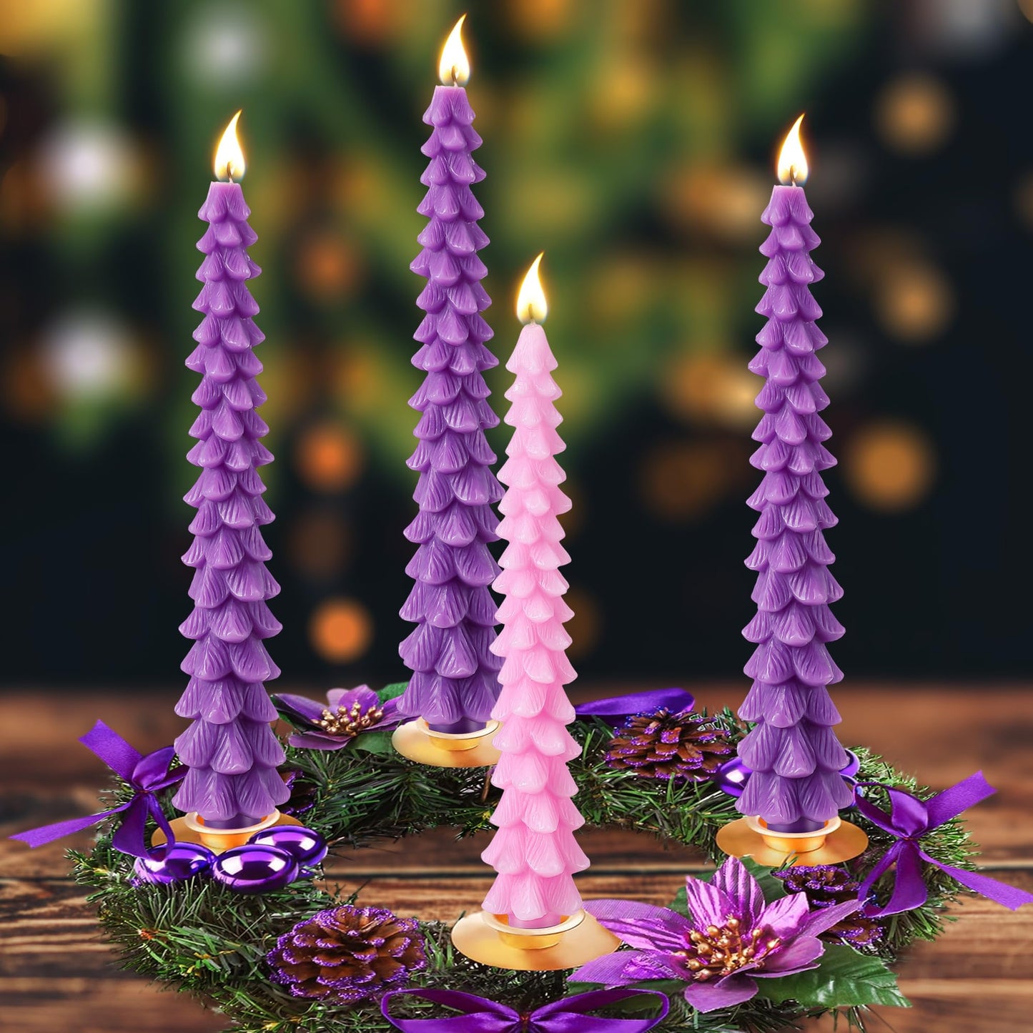 Ceoighe 4 Pcs 10 Inch Advent Candle Set, Natural Beeswax Christmas Taper Candles for Xmas Decor, Unscented Advent Candle Christmas Tree Shaped for Holiday Decoration, Party, Banquet