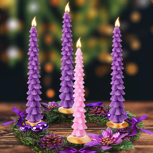 Ceoighe 4 Pcs 10 Inch Advent Candle Set, Natural Beeswax Christmas Taper Candles for Xmas Decor, Unscented Advent Candle Christmas Tree Shaped for Holiday Decoration, Party, Banquet